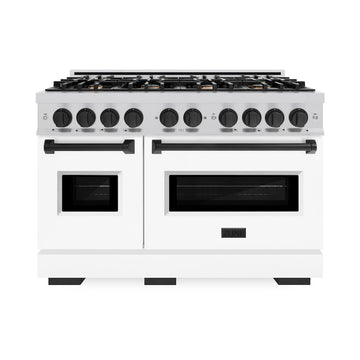 ZLINE Autograph Edition 48 in. Classic Double Oven Gas Range with 8 Burners, 6.7 cu. ft., Satin Stainless Steel with White Matte Doors and Matte Black Accents (CGRSZ-WM-48-MB)