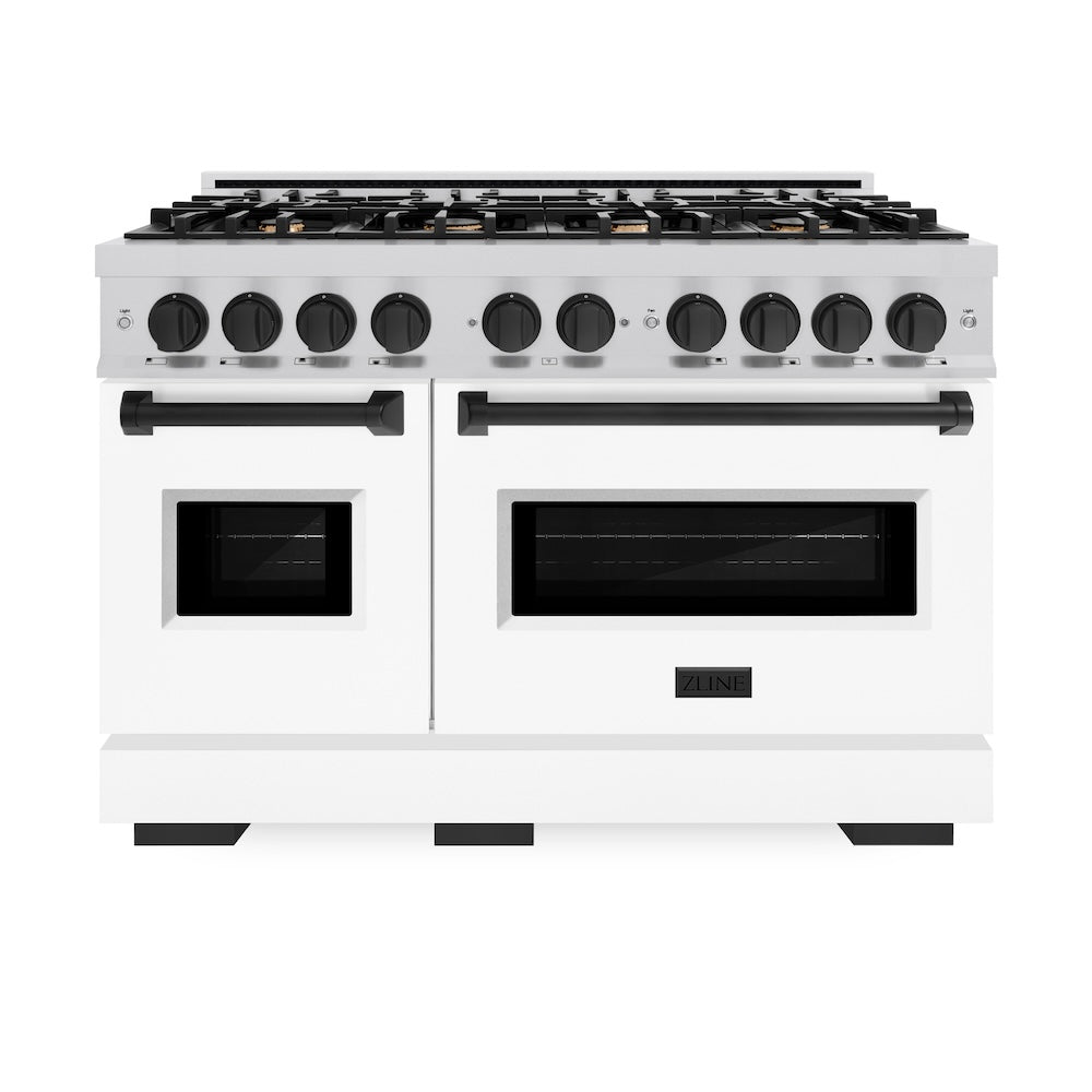 ZLINE Autograph Edition 48 in. 6.7 cu. ft. Classic Double Oven Gas Range with 8 Burners, Stainless Steel with White Matte Doors and Matte Black Accents (CGRZ-WM-48-MB)
