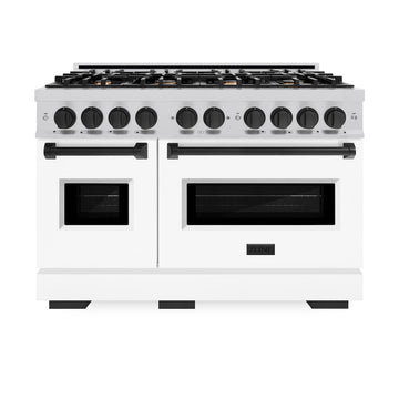 ZLINE Autograph Edition 48 in. 6.7 cu. ft. Classic Double Oven Gas Range with 8 Burners, Stainless Steel with White Matte Doors and Matte Black Accents (CGRZ-WM-48-MB)