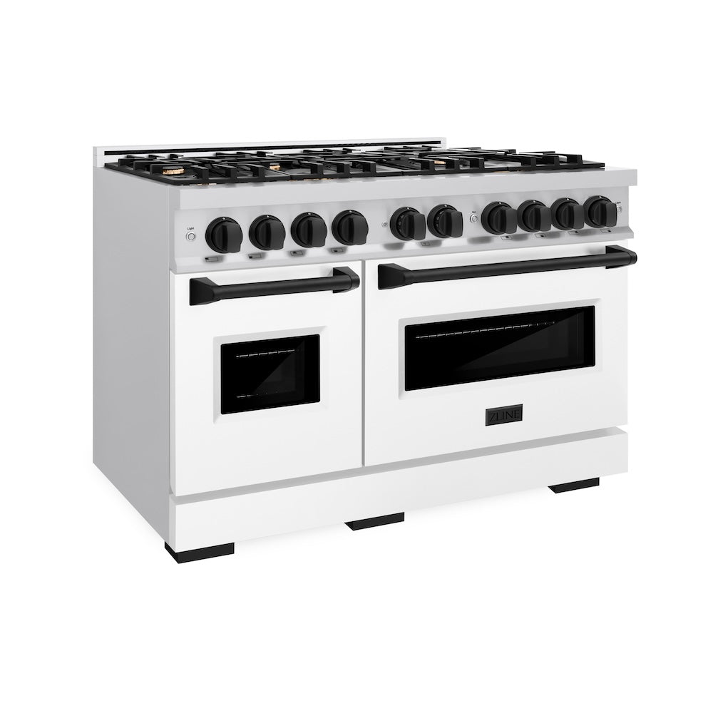 ZLINE Autograph Edition 48 in. 6.7 cu. ft. Classic Double Oven Gas Range with 8 Burners, Stainless Steel with White Matte Doors and Matte Black Accents (CGRZ-WM-48-MB)