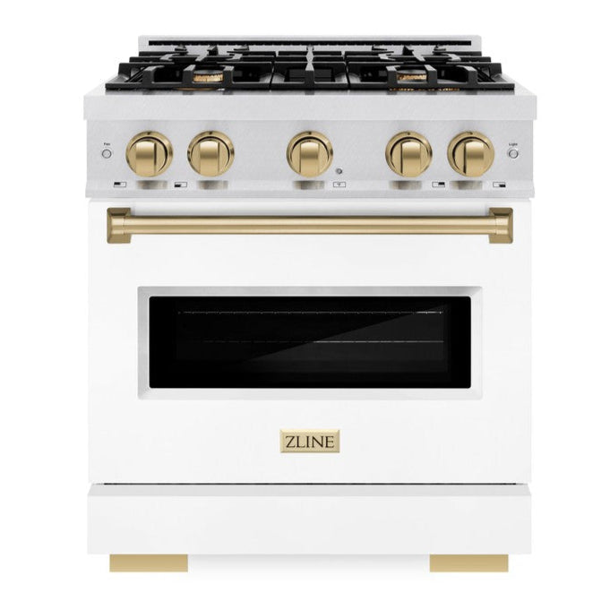 ZLINE Autograph Edition 30 in. 4.2 cu. ft. Gas Range with 4 Burners and Convection Gas Oven in Satin Stainless Steel with White Matte Door and Champagne Bronze Accents (CGRSZ-WM-30-CB)