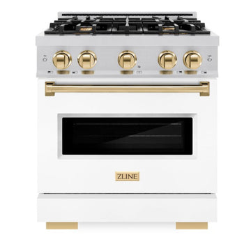 ZLINE Autograph Edition 30 in. Classic Gas Range 4.2 cu. ft. with 4 Burners and Convection Gas Oven in Satin Stainless Steel with White Matte Door and Polished Gold Accents (CGRSZ-WM-30-G)
