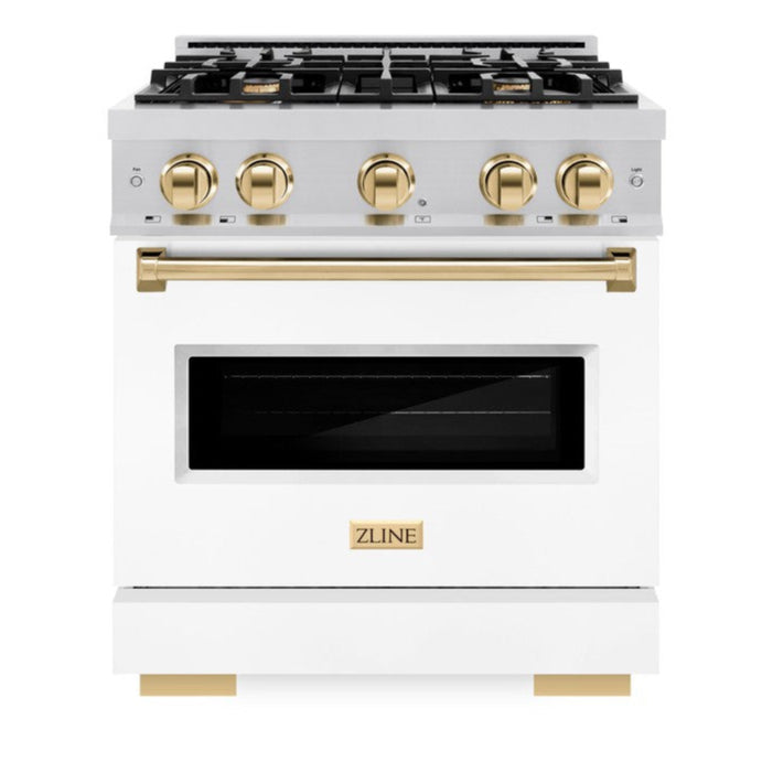 ZLINE Autograph Edition 30 in. Classic Gas Range 4.2 cu. ft. with 4 Burners and Convection Gas Oven in Satin Stainless Steel with White Matte Door and Polished Gold Accents (CGRSZ-WM-30-G)