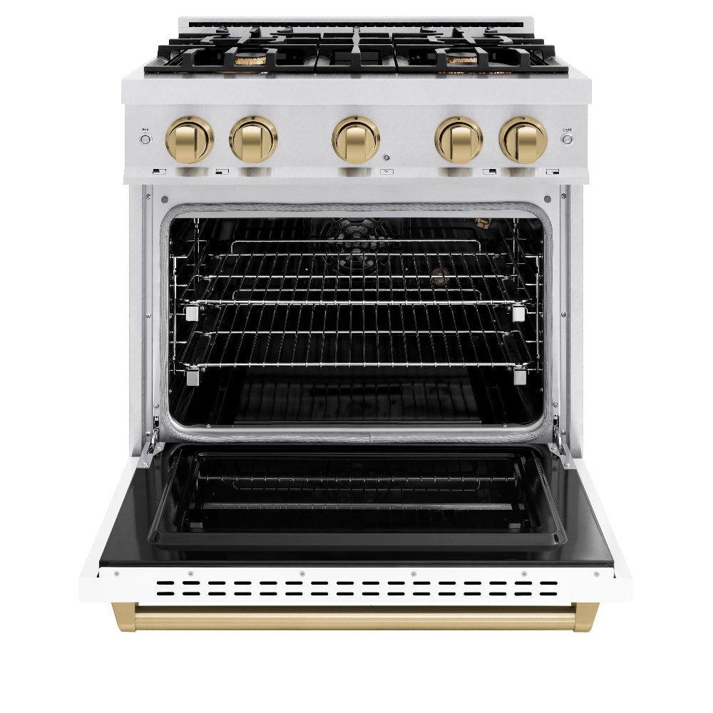 ZLINE Autograph Edition 30 in. 4.2 cu. ft. Gas Range with 4 Burners and Convection Gas Oven in Satin Stainless Steel with White Matte Door and Champagne Bronze Accents (CGRSZ-WM-30-CB)