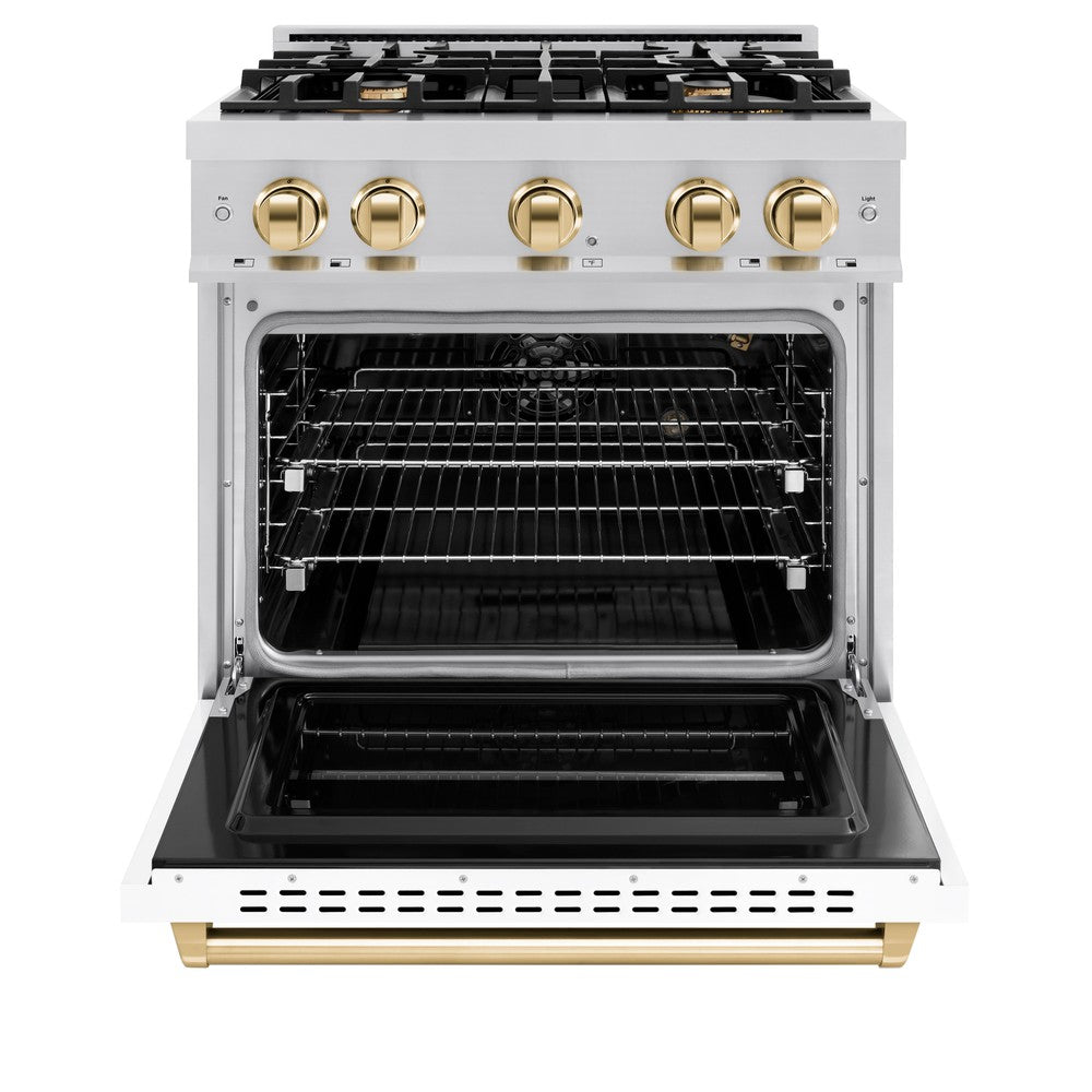 ZLINE Autograph Edition 30 in. Classic Gas Range 4.2 cu. ft. with 4 Burners and Convection Gas Oven in Satin Stainless Steel with White Matte Door and Polished Gold Accents (CGRSZ-WM-30-G)