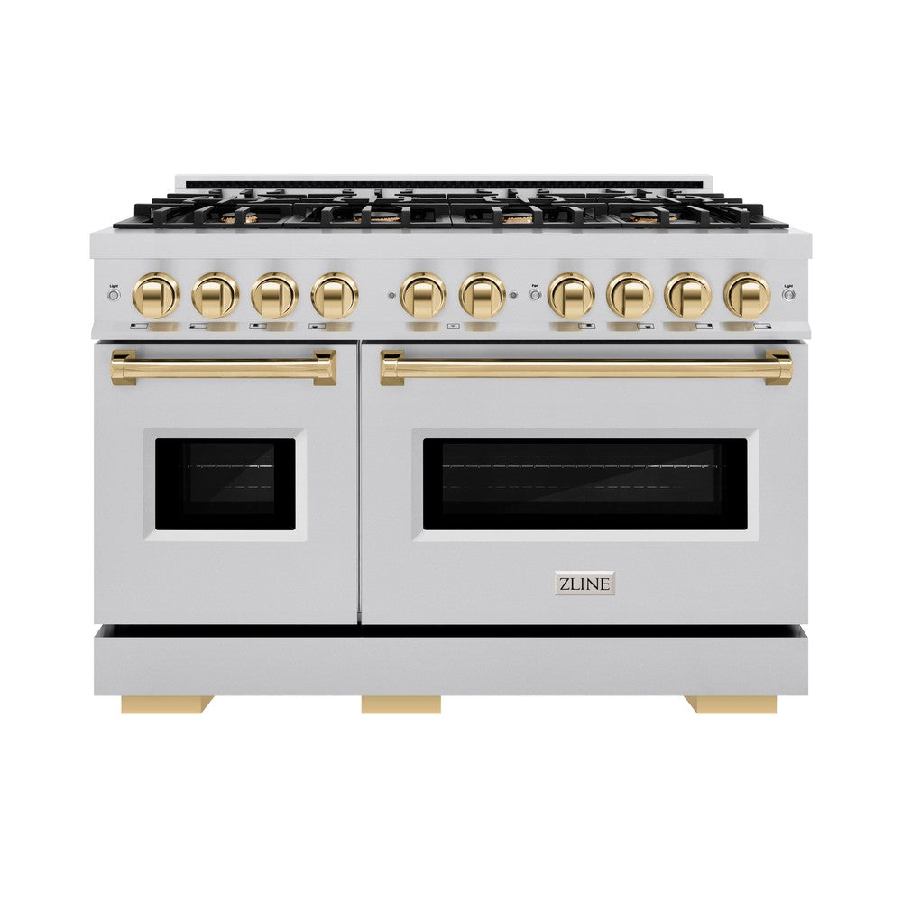 ZLINE 48 in. Gas Range Double Oven 6.7 cu. ft. 8 Burners Stainless Steel with Polished Gold Accents (CGRZ-48-G)