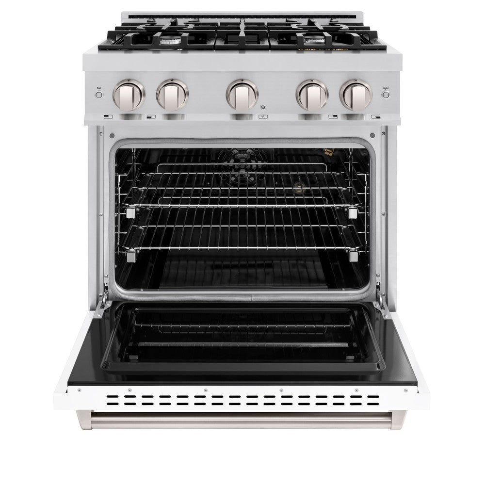 ZLINE 30 in. Gas Range 4.2 cu. ft. 4 Burner Cooktop Convection Oven Stainless Steel with White Matte Door, MODEL CGR-WM-30