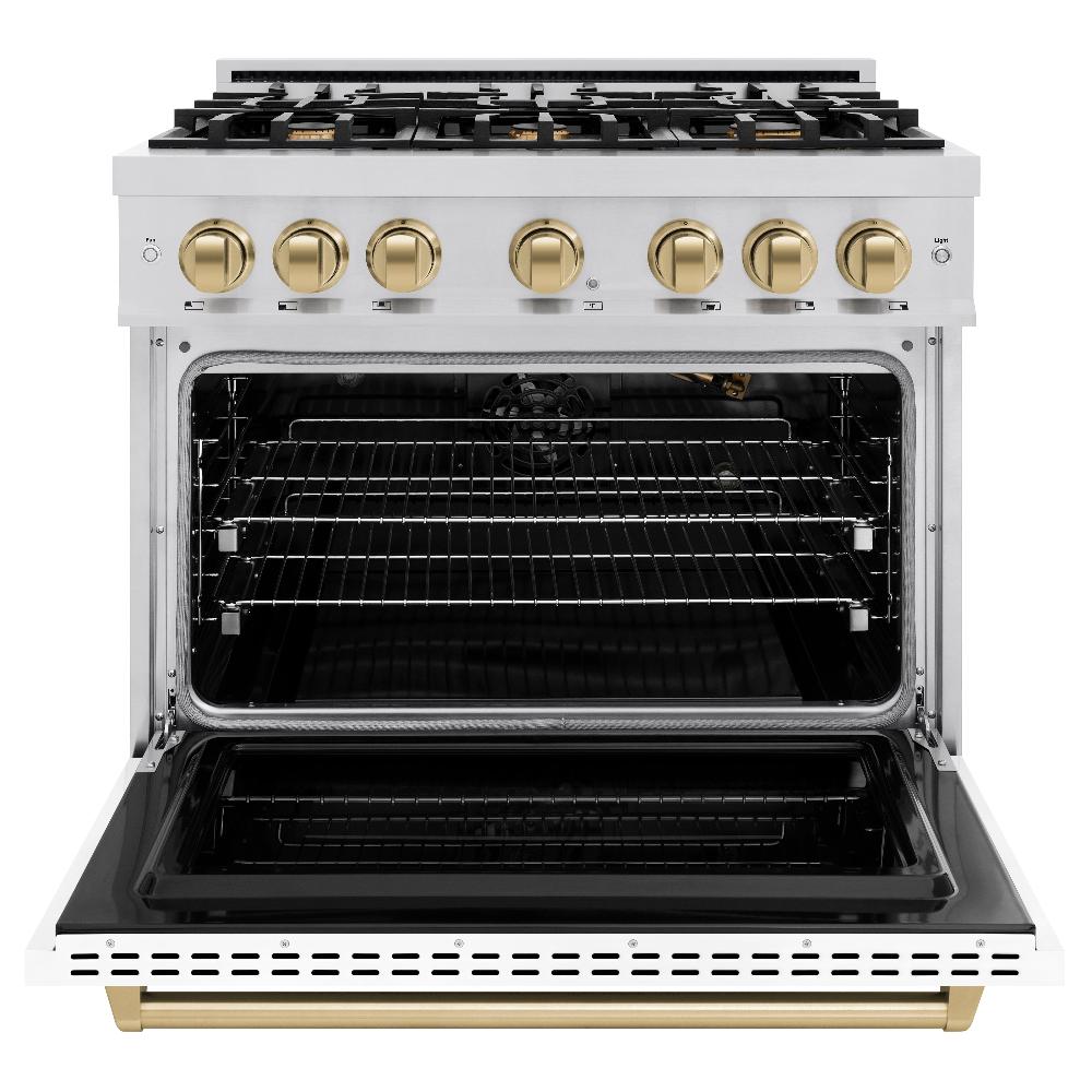 ZLINE 36 in. Gas Range 5.2 cu. ft. 6 Burners Stainless Steel with White Matte Door and Champagne Bronze Accents (CGRZ-WM-36-CB)