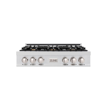 ZLINE 36" Rangetop in Stainless Steel with 6 Gas Brass Burners and Griddle, RT-BR-GR-36