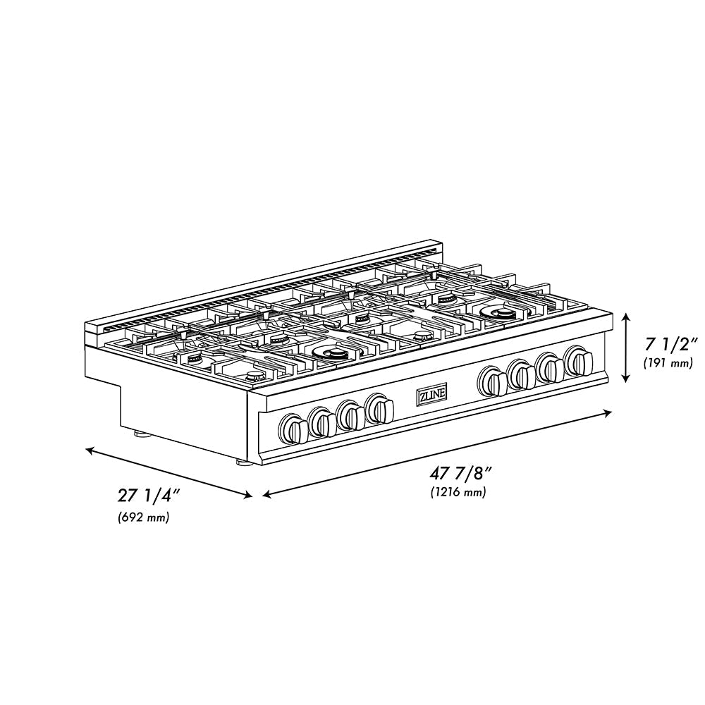 ZLINE 48" Rangetop in Stainless Steel with 7 Gas Brass Burners and Griddle, RT-BR-GR-48