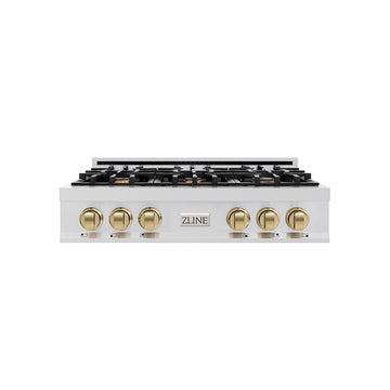 ZLINE Autograph Edition 36 Inch Porcelain Rangetop with 6 Gas Burners in Stainless Steel and Champagne Bronze Accents, RTZ-36-CB