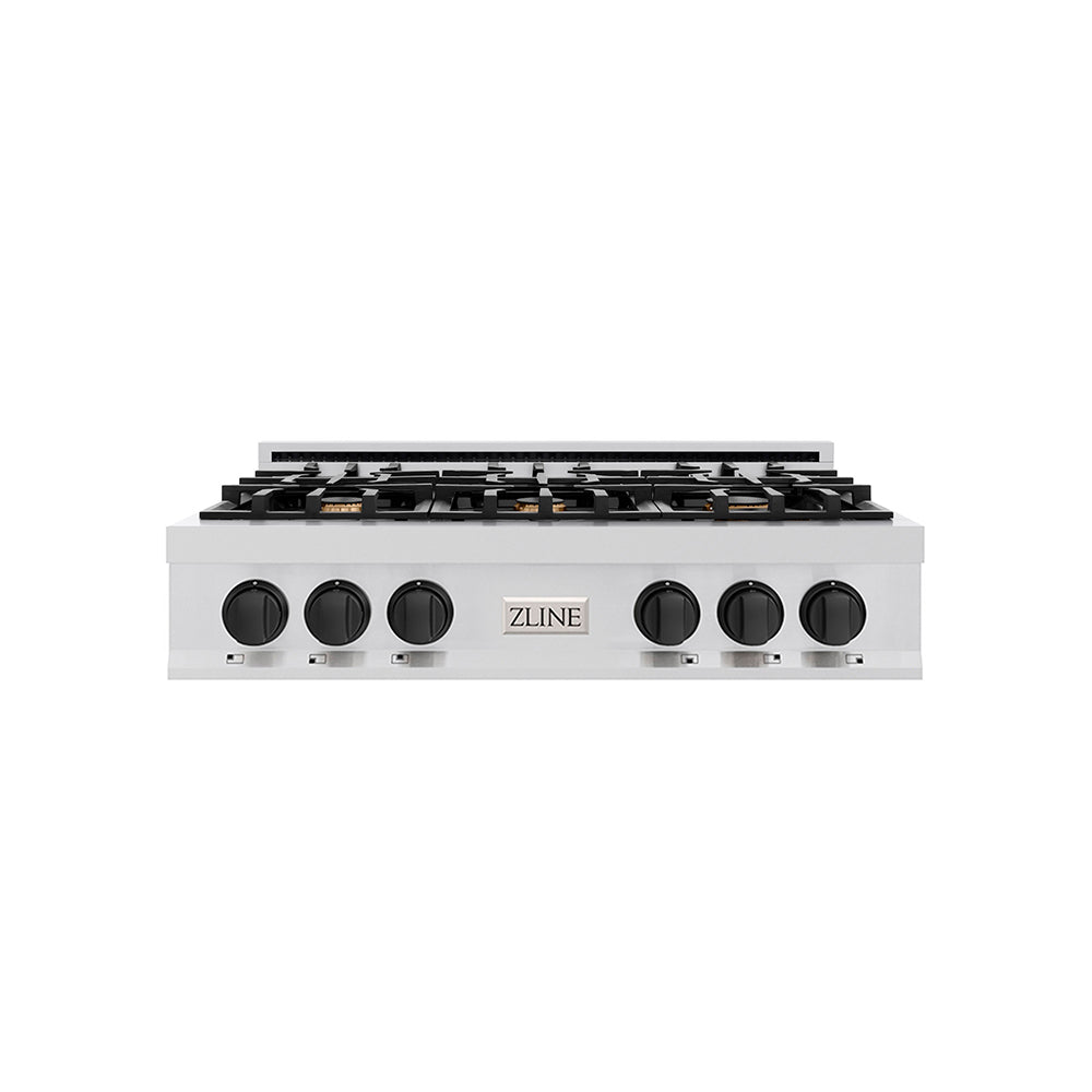 ZLINE Autograph Edition 36 in. Porcelain Rangetop with 6 Gas Burners in Stainless Steel and Matte Black Accents, RTZ-36-MB