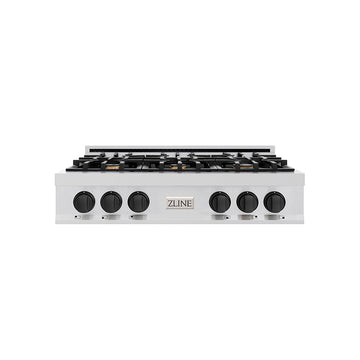 ZLINE Autograph Edition 36 in. Porcelain Rangetop with 6 Gas Burners in Stainless Steel and Matte Black Accents, RTZ-36-MB