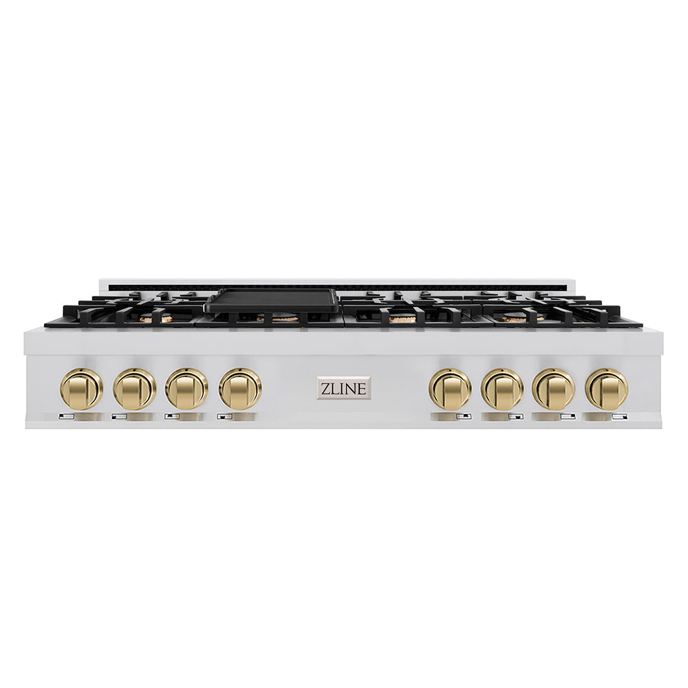 ZLINE Autograph Edition 48 In. Rangetop with 7 Gas Burners in Stainless Steel and Champagne Bronze Accents, RTZ-48-CB