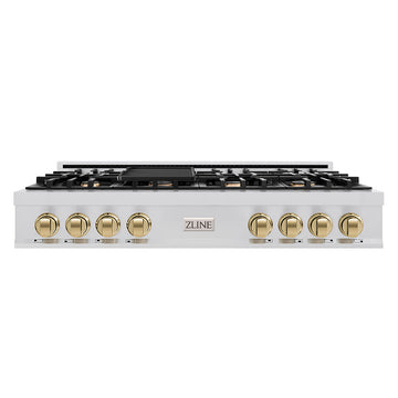 ZLINE Autograph Edition 48 In. Rangetop with 7 Gas Burners in Stainless Steel and Champagne Bronze Accents, RTZ-48-CB