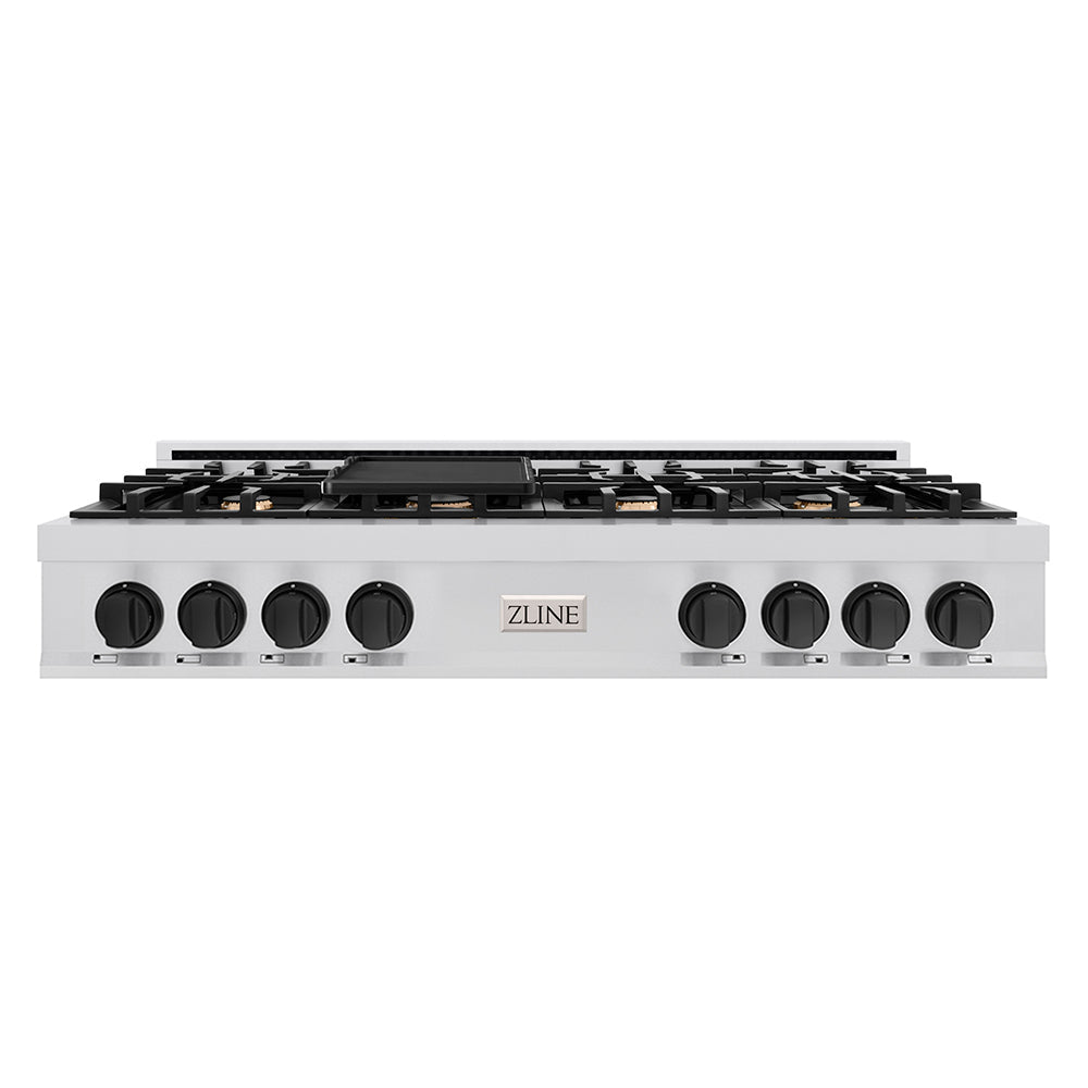 ZLINE Autograph Edition 48 in. Porcelain Rangetop with 7 Gas Burners in Stainless Steel and Matte Black Accents, RTZ-48-MB