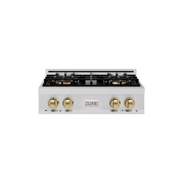 ZLINE Autograph Edition 30" Classic Gas Rangetop with 4 Burner DuoPro™ Cooktop in Stainless Steel and Champagne Bronze Accents, PCRTZ-30-CB