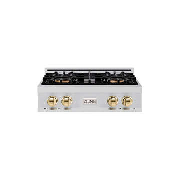 ZLINE Autograph Edition 30" Classic Gas Rangetop with 4 Burner DuoPro™ Cooktop in Stainless Steel and Polished Gold Accents, PCRTZ-30-G