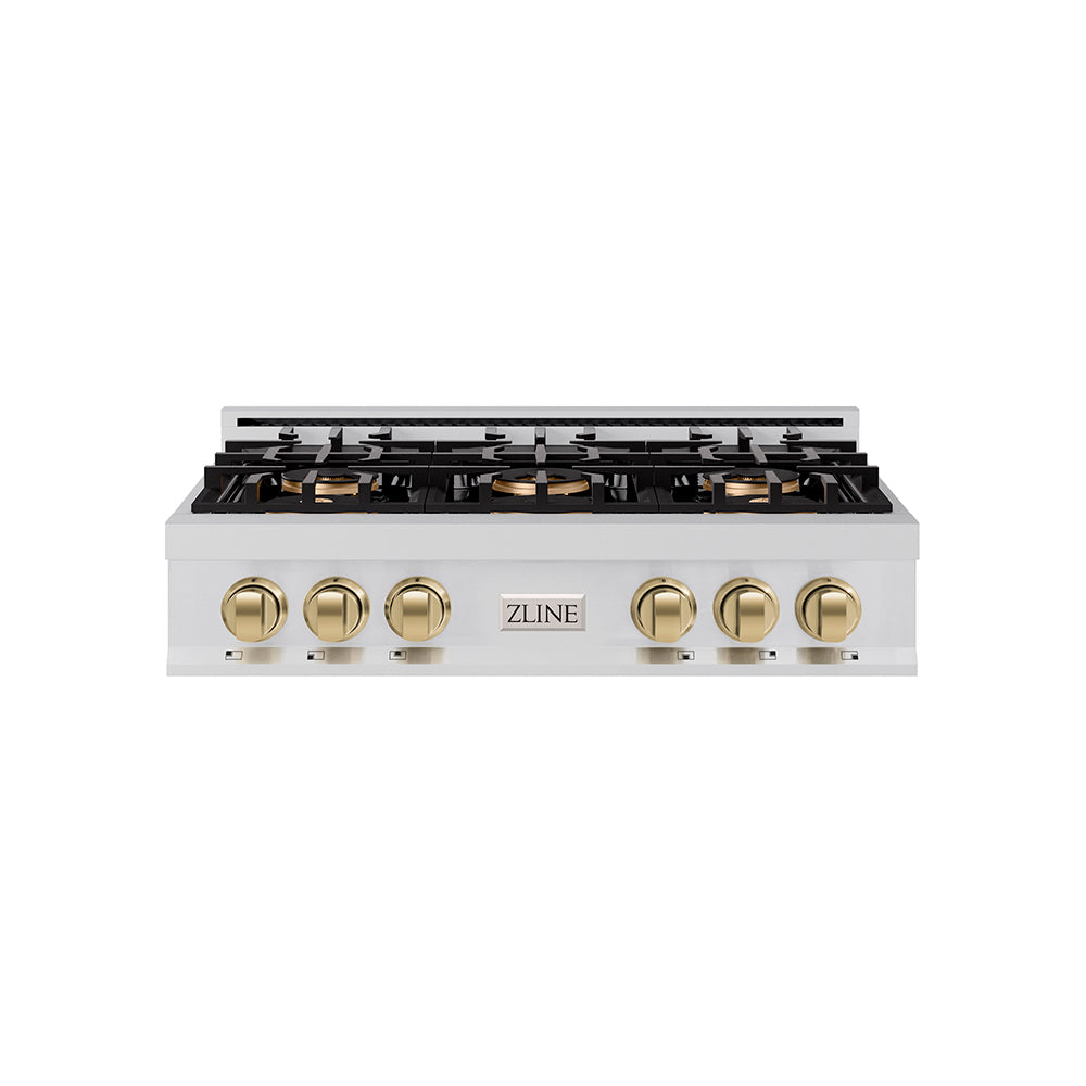 ZLINE Autograph 36" Classic Gas Rangetop with 6 Burner DuoPro™ Cooktop in Stainless Steel and Champagne Bronze Accents, PCRTZ-36-CB