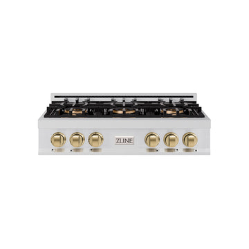 ZLINE Autograph 36" Classic Gas Rangetop with 6 Burner DuoPro™ Cooktop in Stainless Steel and Champagne Bronze Accents, PCRTZ-36-CB