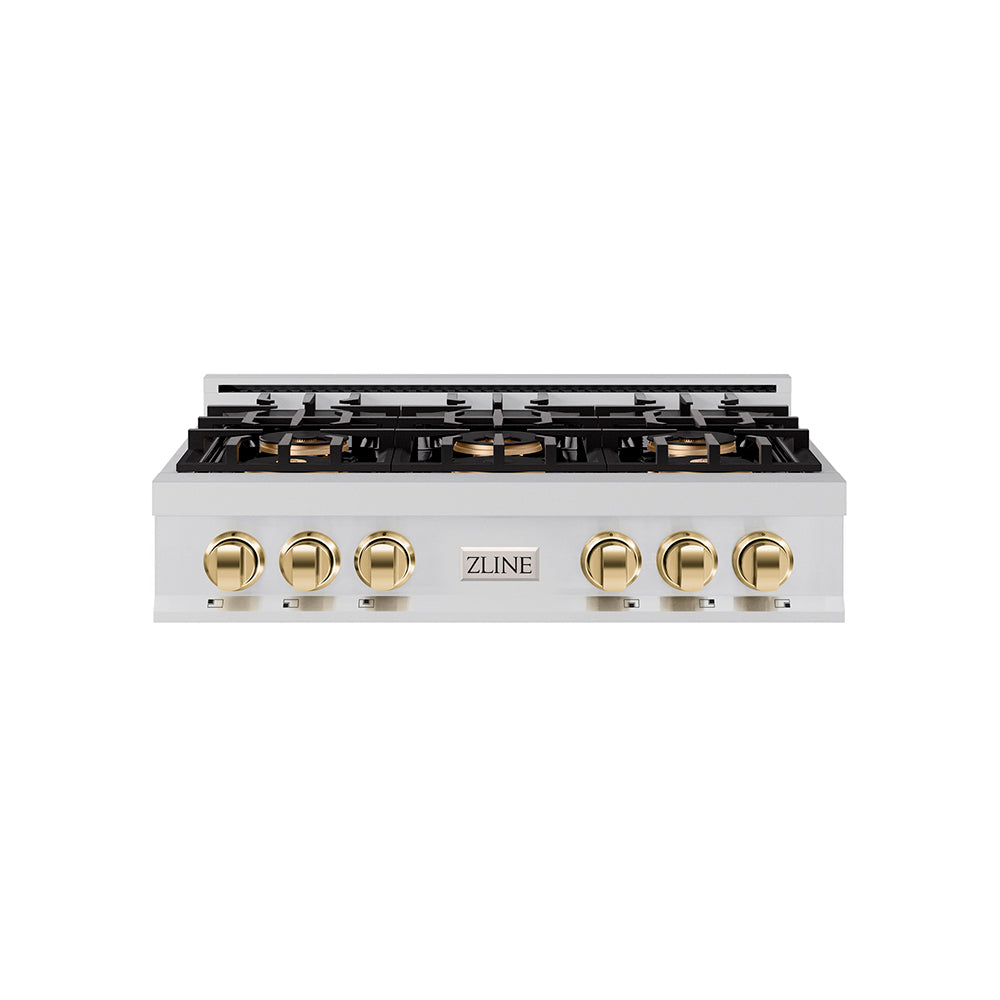 ZLINE Autograph 36" Classic Gas Rangetop with 6 Burner DuoPro™ Cooktop in Stainless Steel and Polished Gold Accents, PCRTZ-36-G