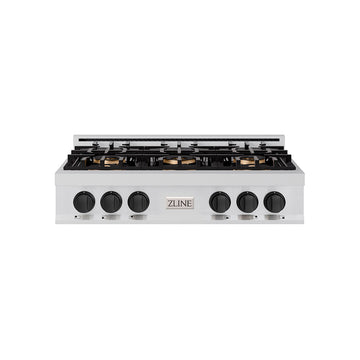 ZLINE Autograph 36" Classic Gas Rangetop with 6 Burner DuoPro™ Cooktop in Stainless Steel and Matte Black Accents, PCRTZ-36-MB