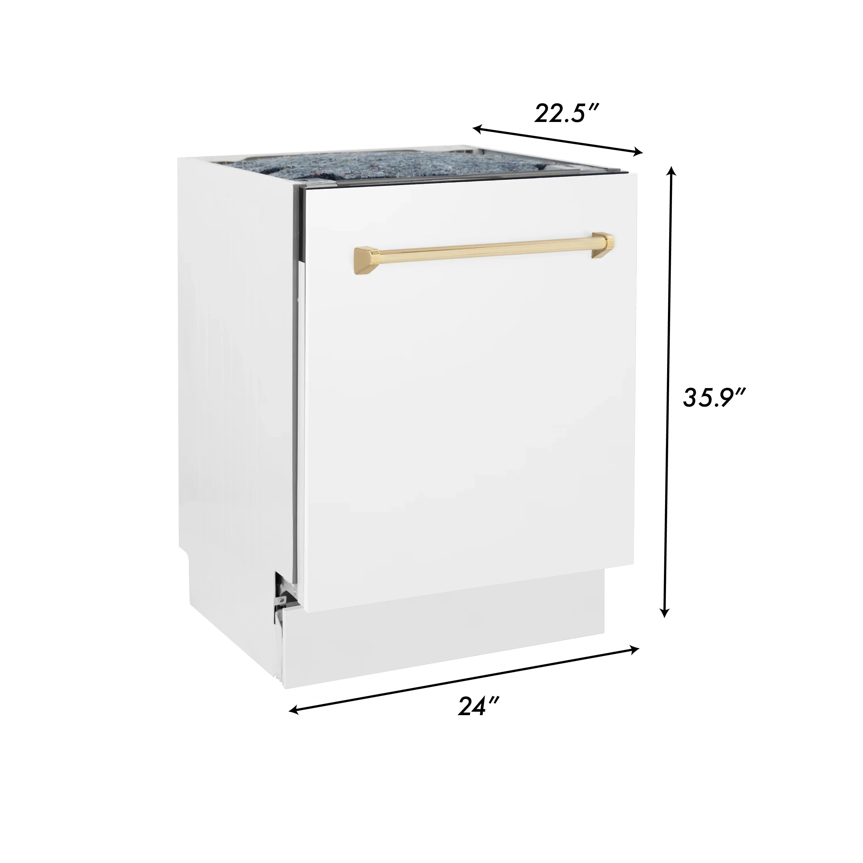ZLINE Autograph Series 24" Tall Built-In Dishwasher, White Matte Finish, Gold Handle, Model DWVZ-WM-24-G