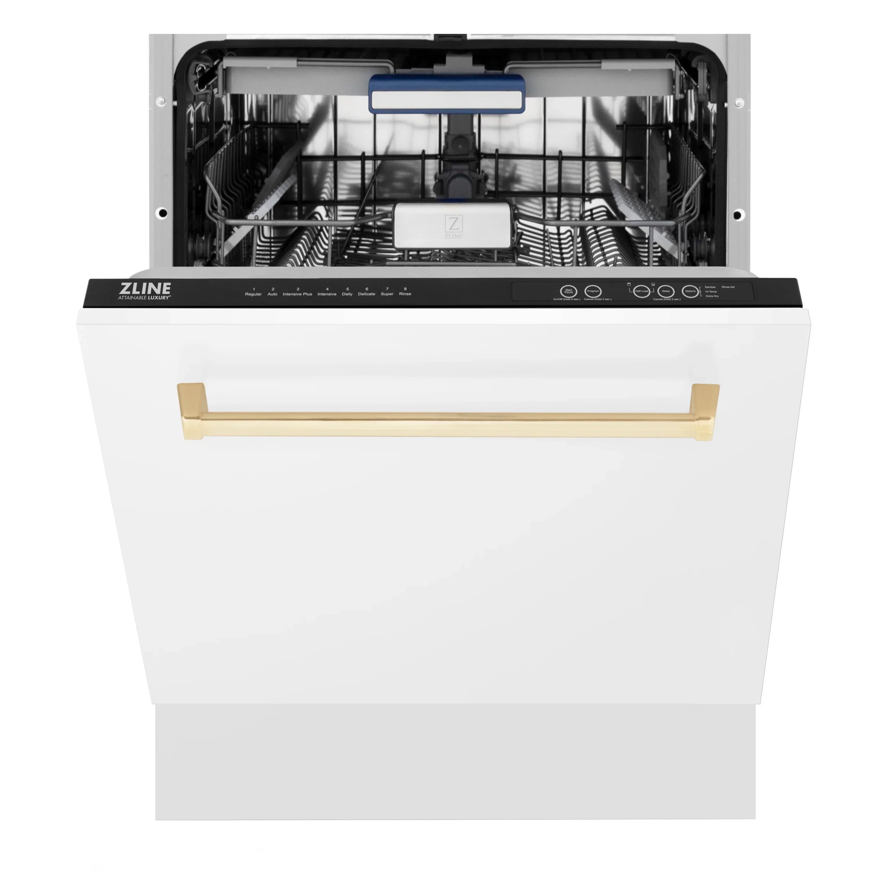 ZLINE Autograph Series 24" Tall Built-In Dishwasher, White Matte Finish, Gold Handle, Model DWVZ-WM-24-G