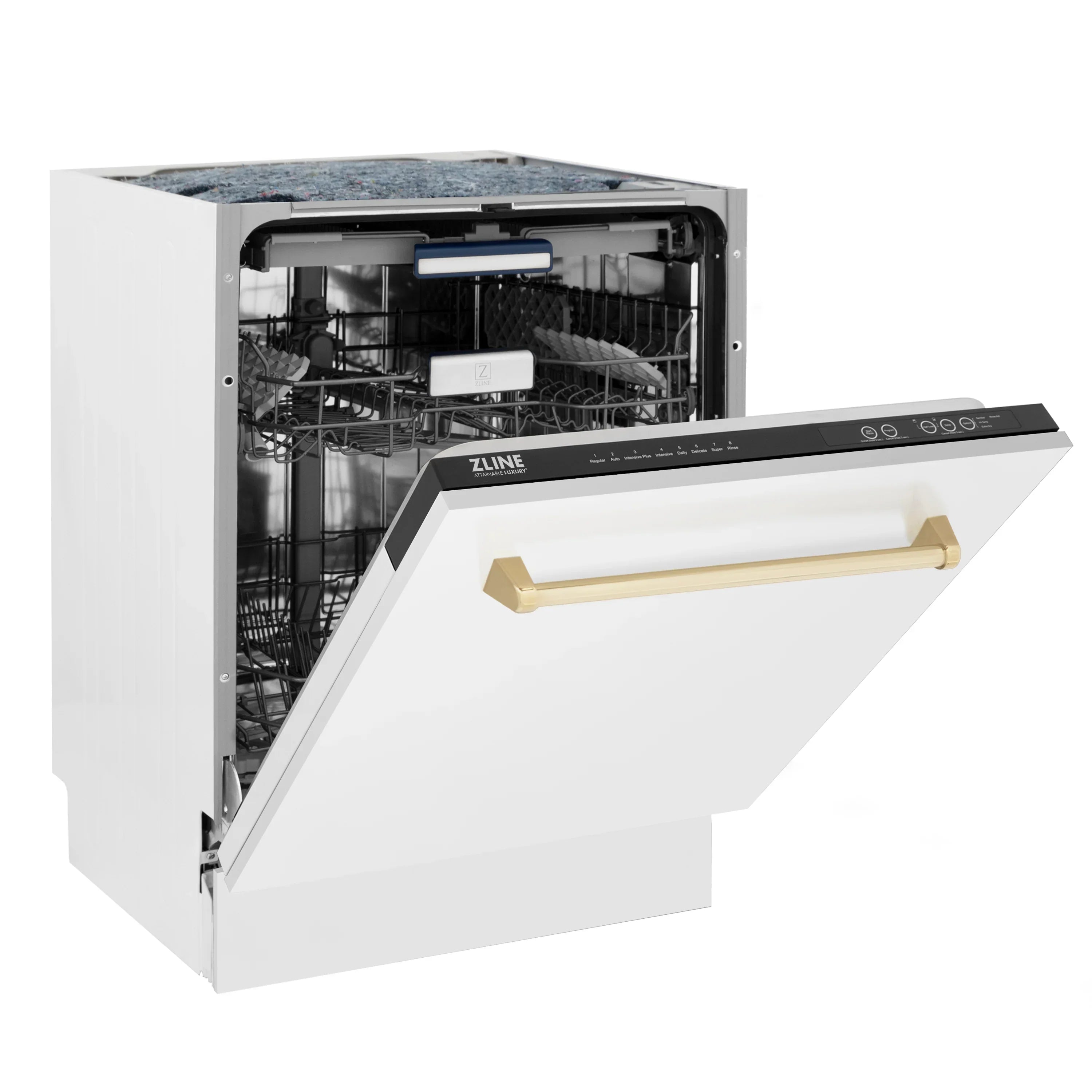 ZLINE Autograph Series 24" Tall Built-In Dishwasher, White Matte Finish, Gold Handle, Model DWVZ-WM-24-G