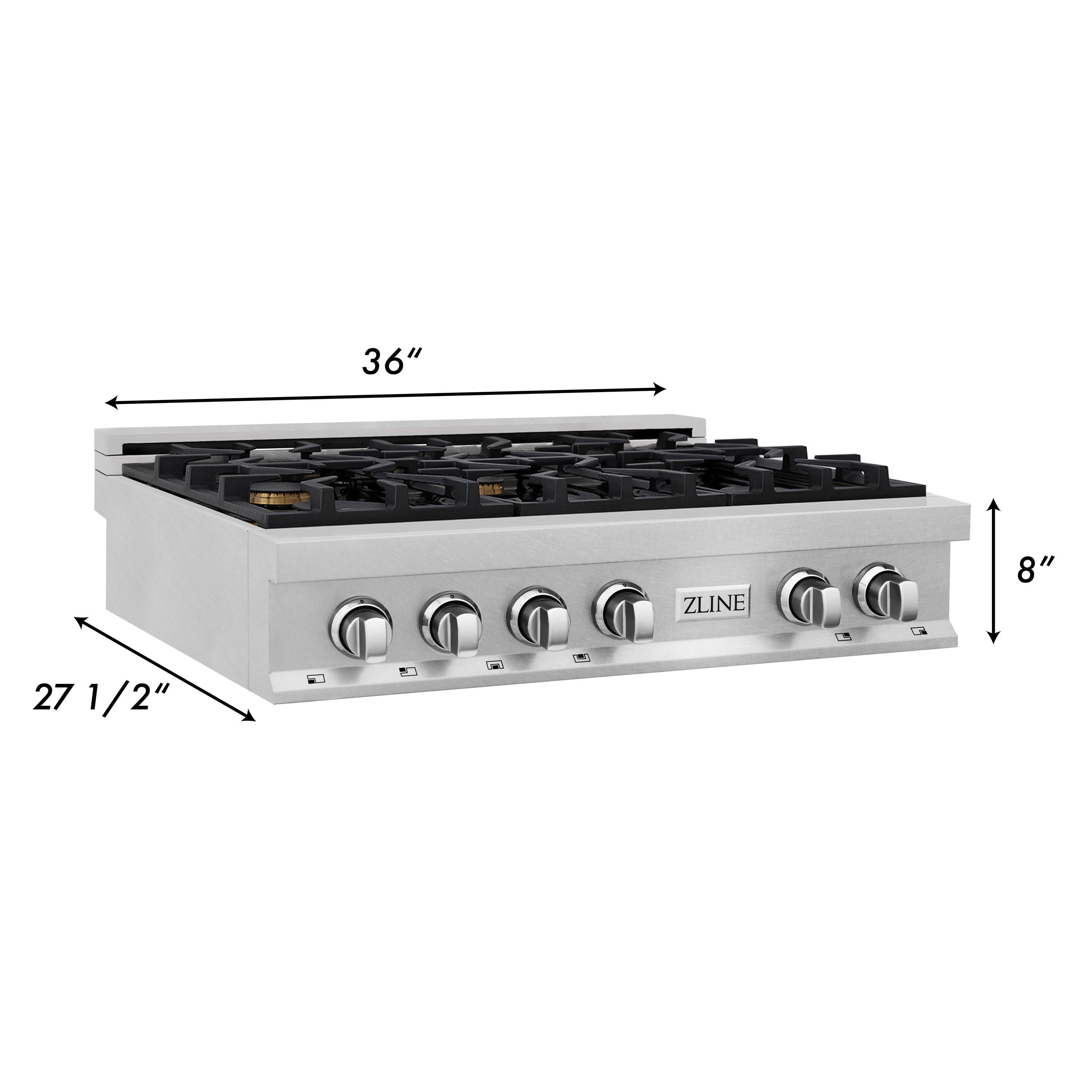 ZLINE 36" Legacy Gas Rangetop with 6 Brass Burners and Porcelain Cooktop in Satin Stainless Steel, RTS-BR-36