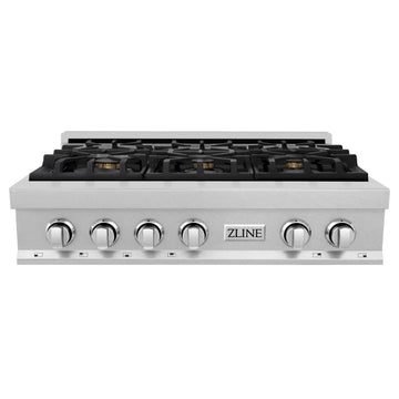 ZLINE 36" Legacy Gas Rangetop with 6 Brass Burners and Porcelain Cooktop in Satin Stainless Steel, RTS-BR-36