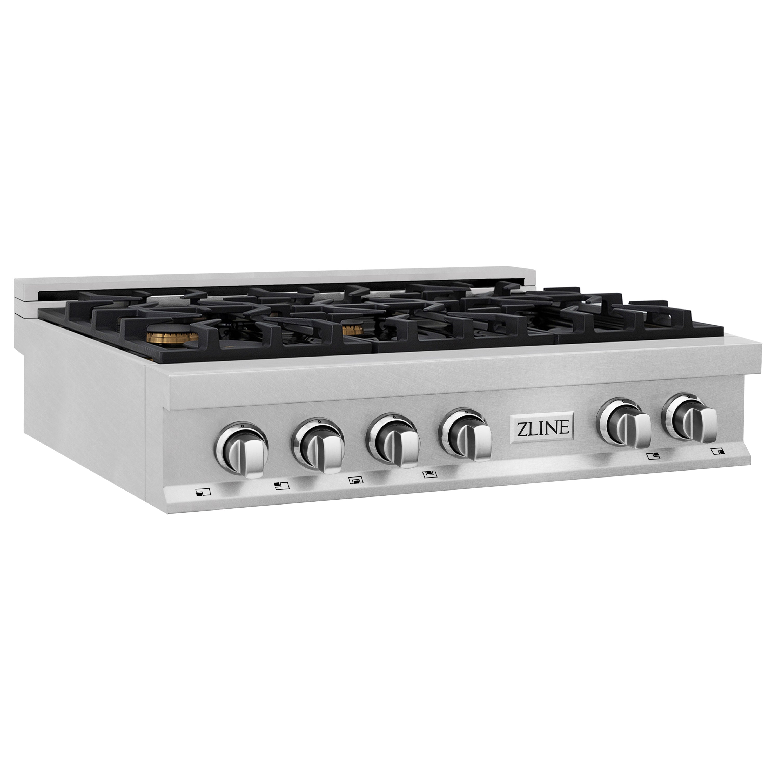 ZLINE 36" Legacy Gas Rangetop with 6 Brass Burners and Porcelain Cooktop in Satin Stainless Steel, RTS-BR-36