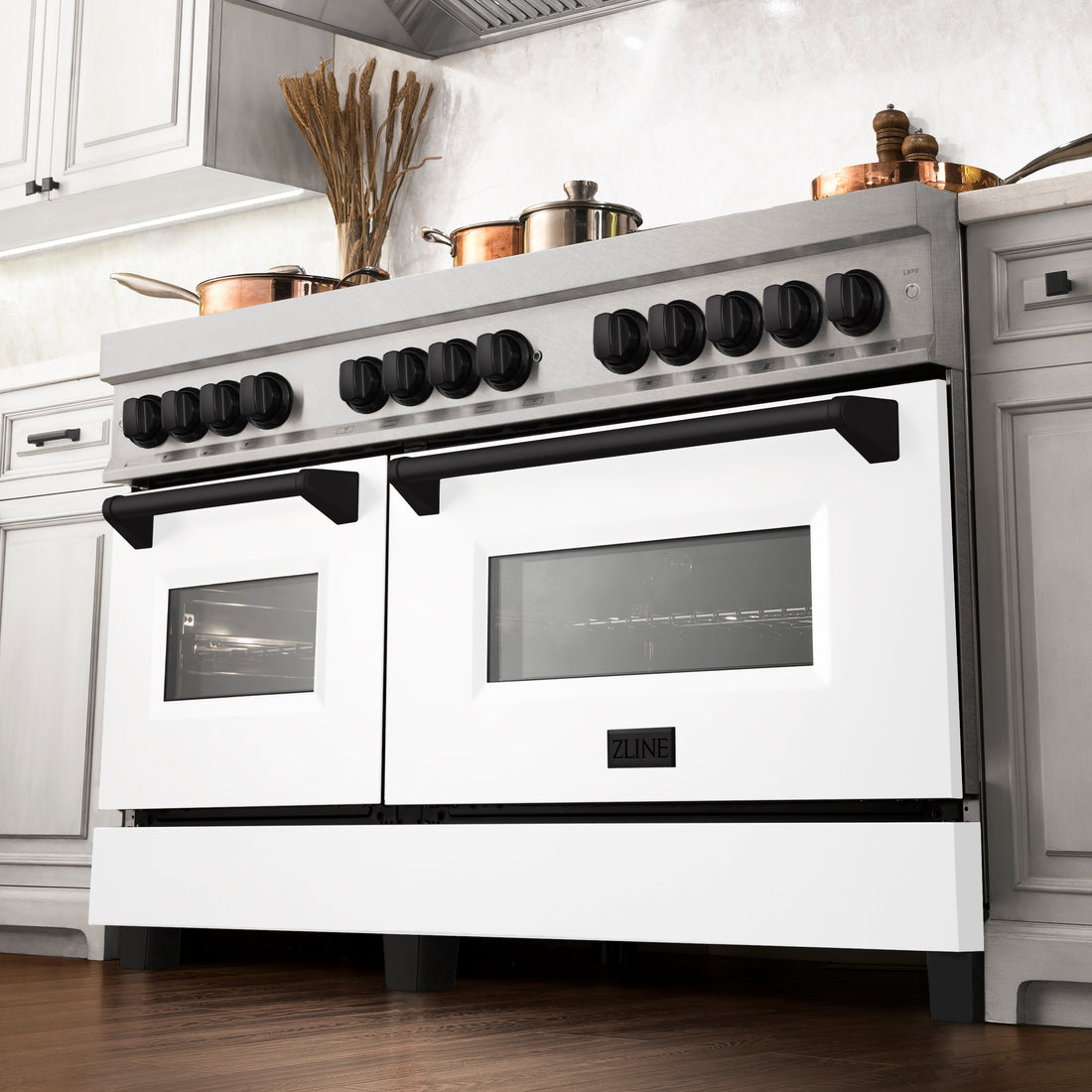 ZLINE Autograph 60 in. Legacy Dual Fuel Range with 9 Gas Burners and Double Electric Convection Ovens, 7.4 cu. ft., Satin Stainless Steel with White Matte Doors and Matte Black Accents (RASZ-WM-60-MB)