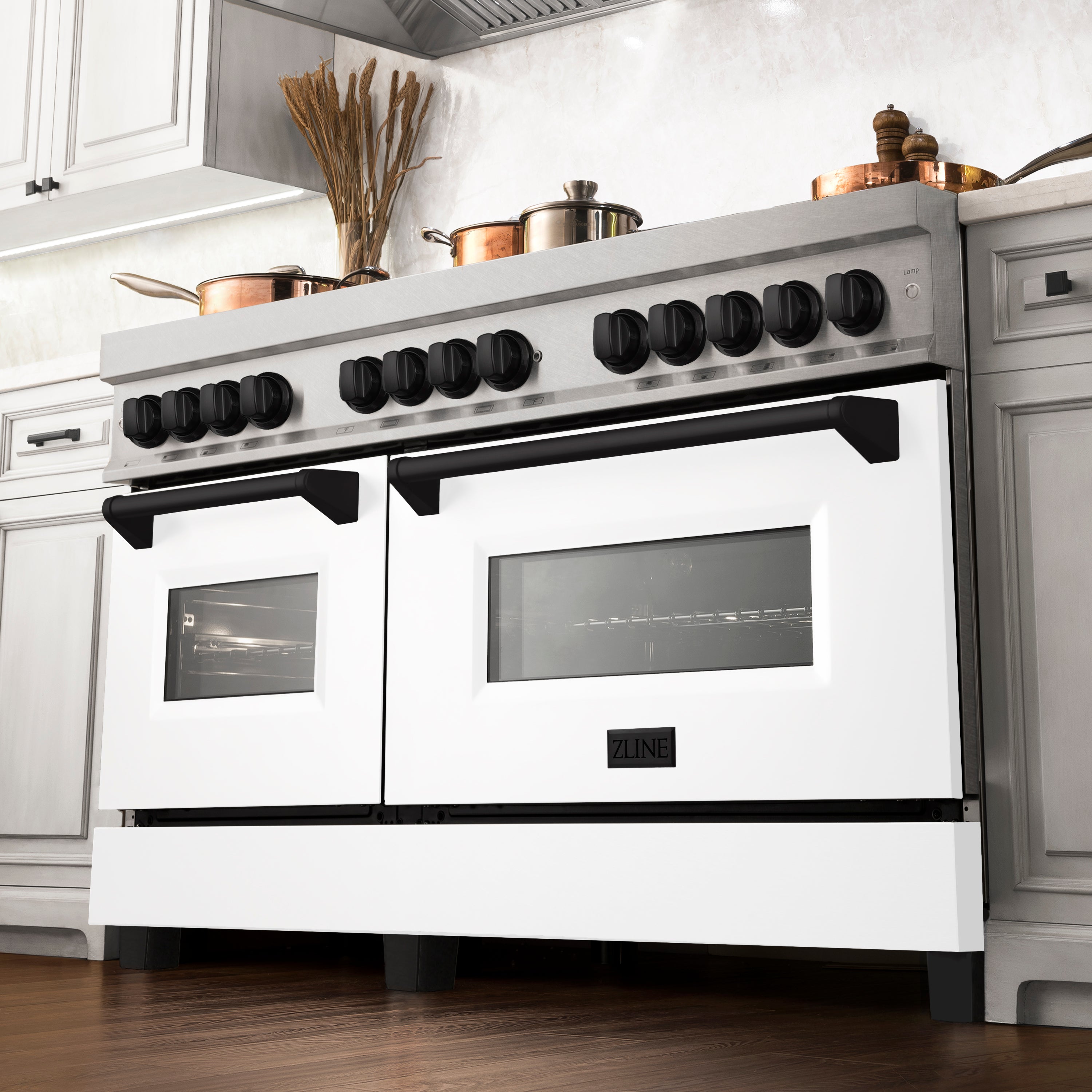 ZLINE Autograph 60 in. Legacy Dual Fuel Range with 9 Gas Burners and Double Electric Convection Ovens, 7.4 cu. ft., Satin Stainless Steel with White Matte Doors and Matte Black Accents (RASZ-WM-60-MB)