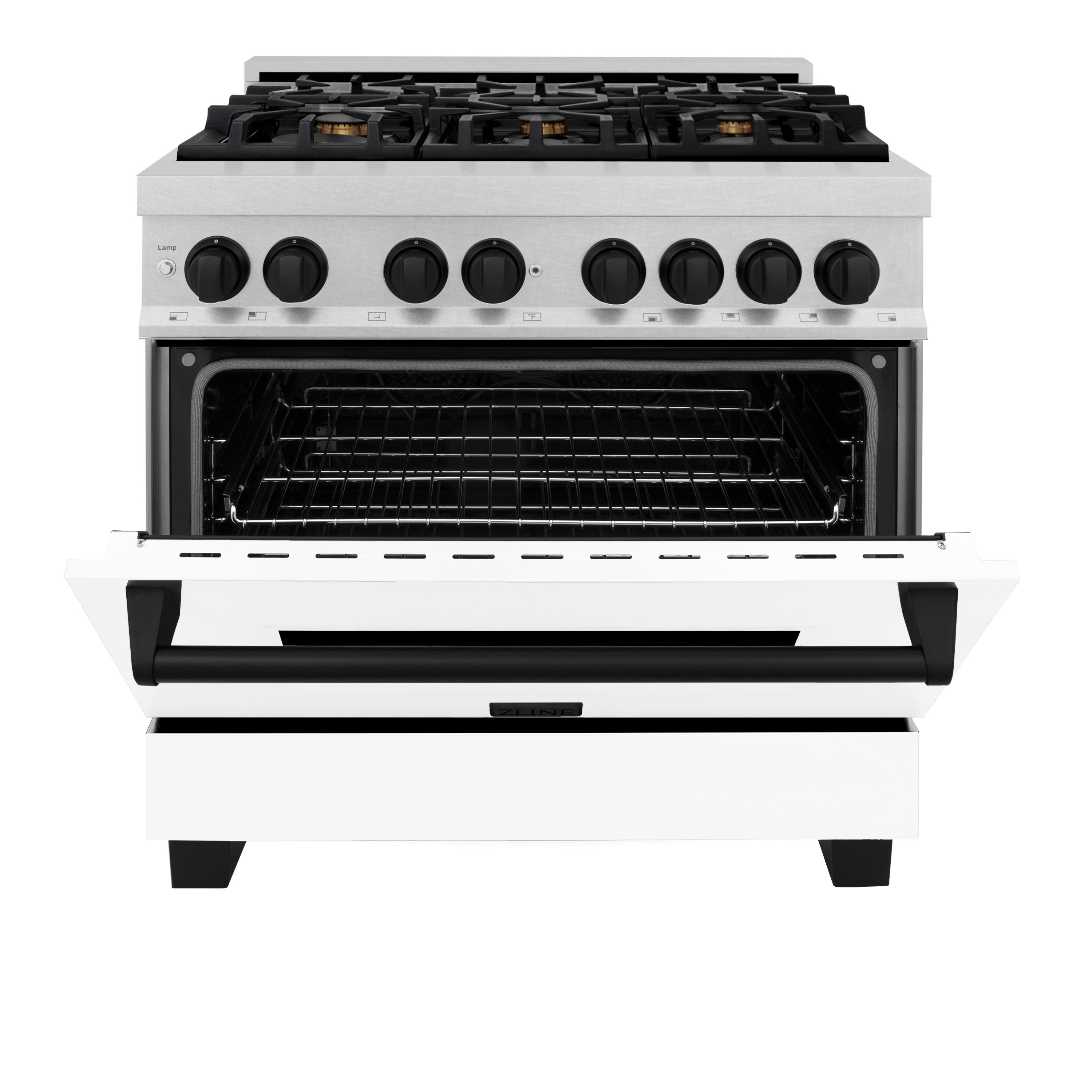 ZLINE Autograph Edition 36 in. 4.6 cu. ft. Dual Fuel Range with 6 Gas Burners and Electric Convection Oven, Satin Stainless Steel with White Matte Door and Matte Black Accents (Model RASZ-WM-36-MB)
