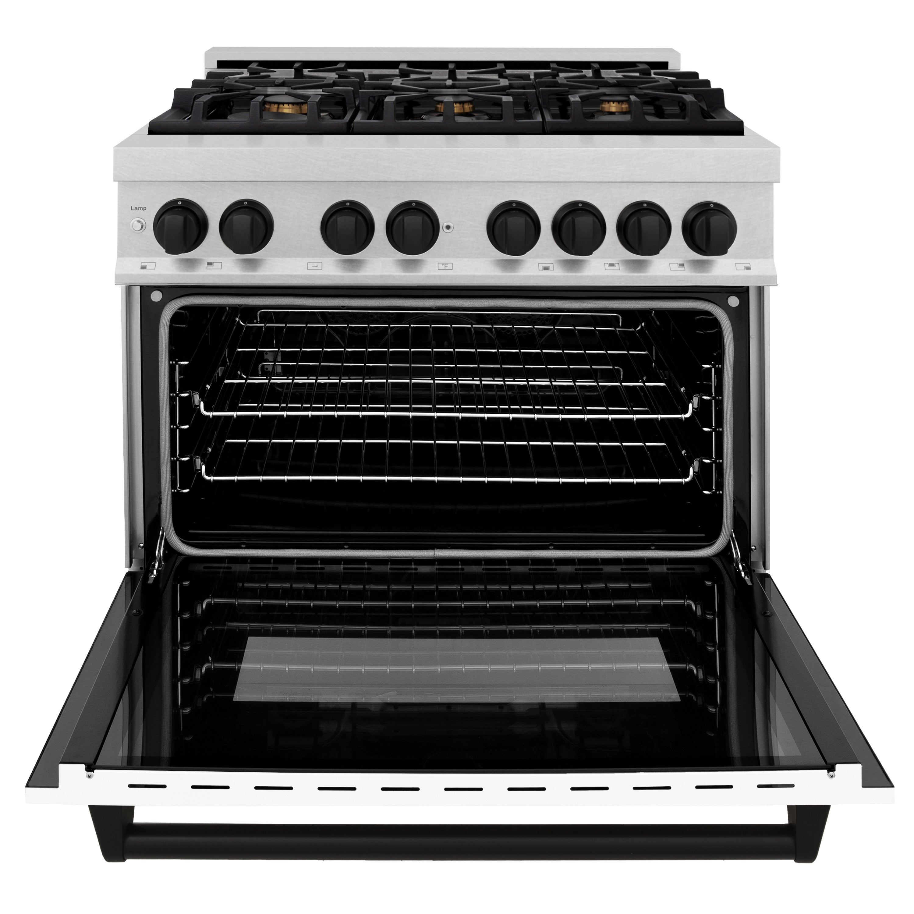 ZLINE Autograph Edition 36 in. 4.6 cu. ft. Dual Fuel Range with 6 Gas Burners and Electric Convection Oven, Satin Stainless Steel with White Matte Door and Matte Black Accents (Model RASZ-WM-36-MB)