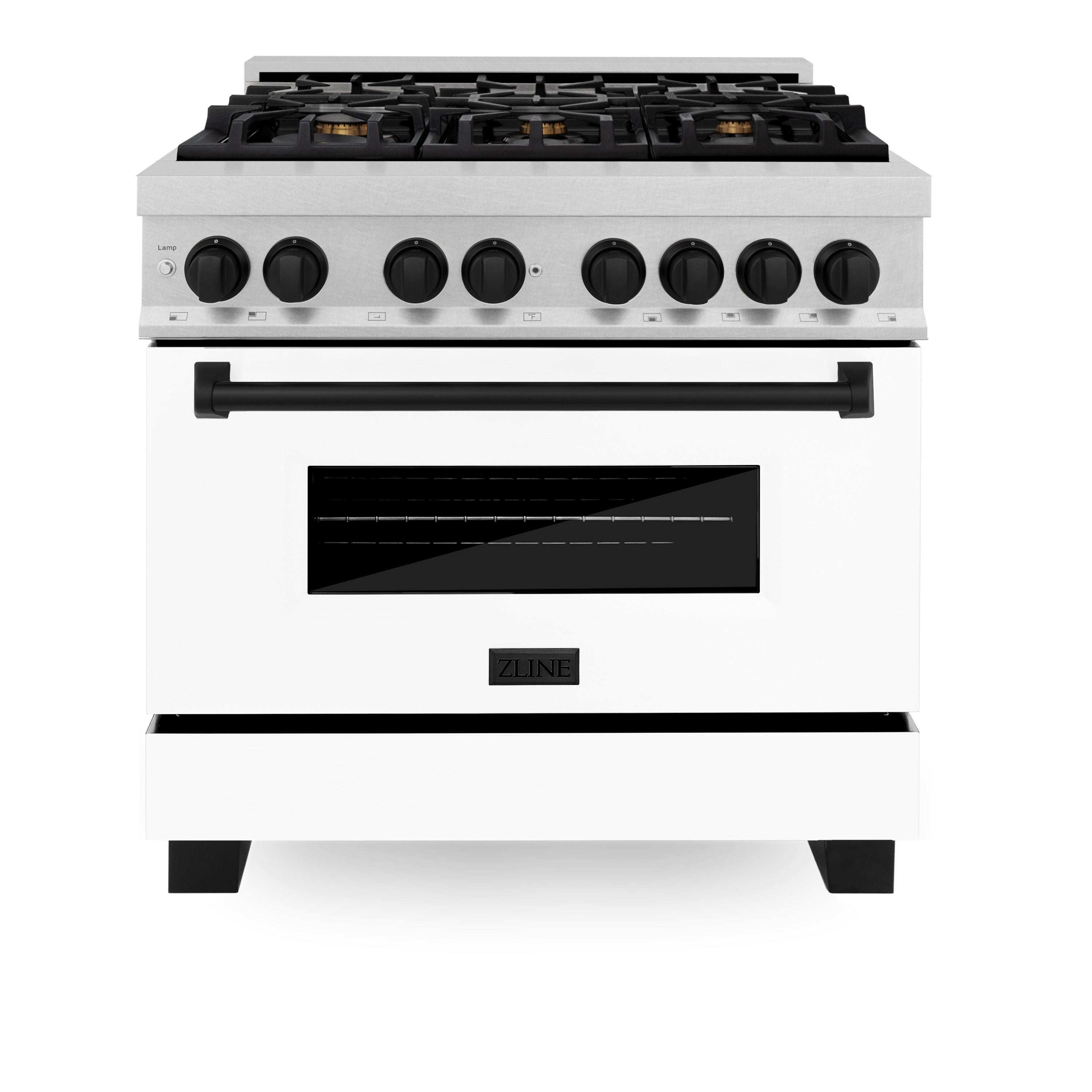 ZLINE Autograph Edition 36 in. 4.6 cu. ft. Dual Fuel Range with 6 Gas Burners and Electric Convection Oven, Satin Stainless Steel with White Matte Door and Matte Black Accents (Model RASZ-WM-36-MB)