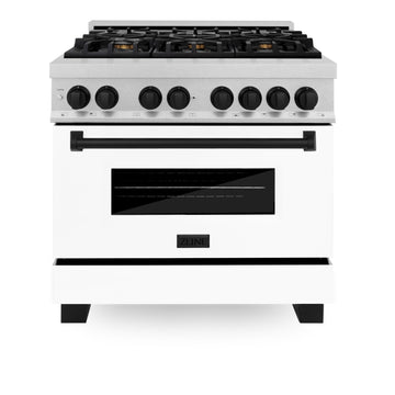 ZLINE Autograph Edition 36 in. 4.6 cu. ft. Dual Fuel Range with 6 Gas Burners and Electric Convection Oven, Satin Stainless Steel with White Matte Door and Matte Black Accents (Model RASZ-WM-36-MB)