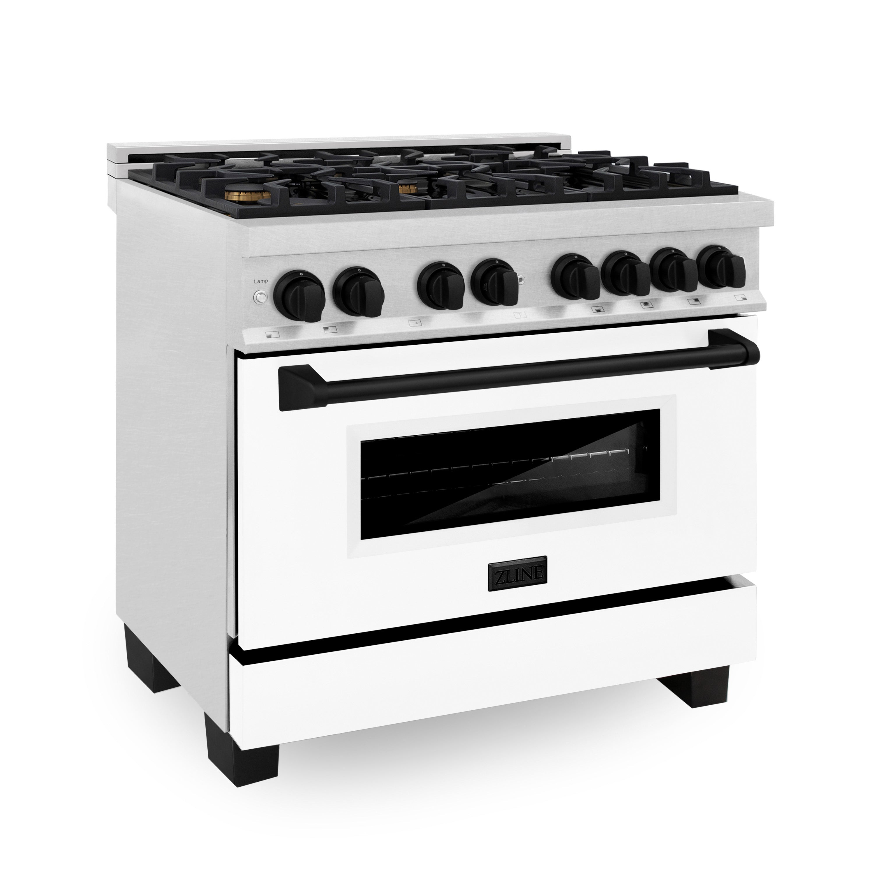 ZLINE Autograph Edition 36 in. 4.6 cu. ft. Dual Fuel Range with 6 Gas Burners and Electric Convection Oven, Satin Stainless Steel with White Matte Door and Matte Black Accents (Model RASZ-WM-36-MB)
