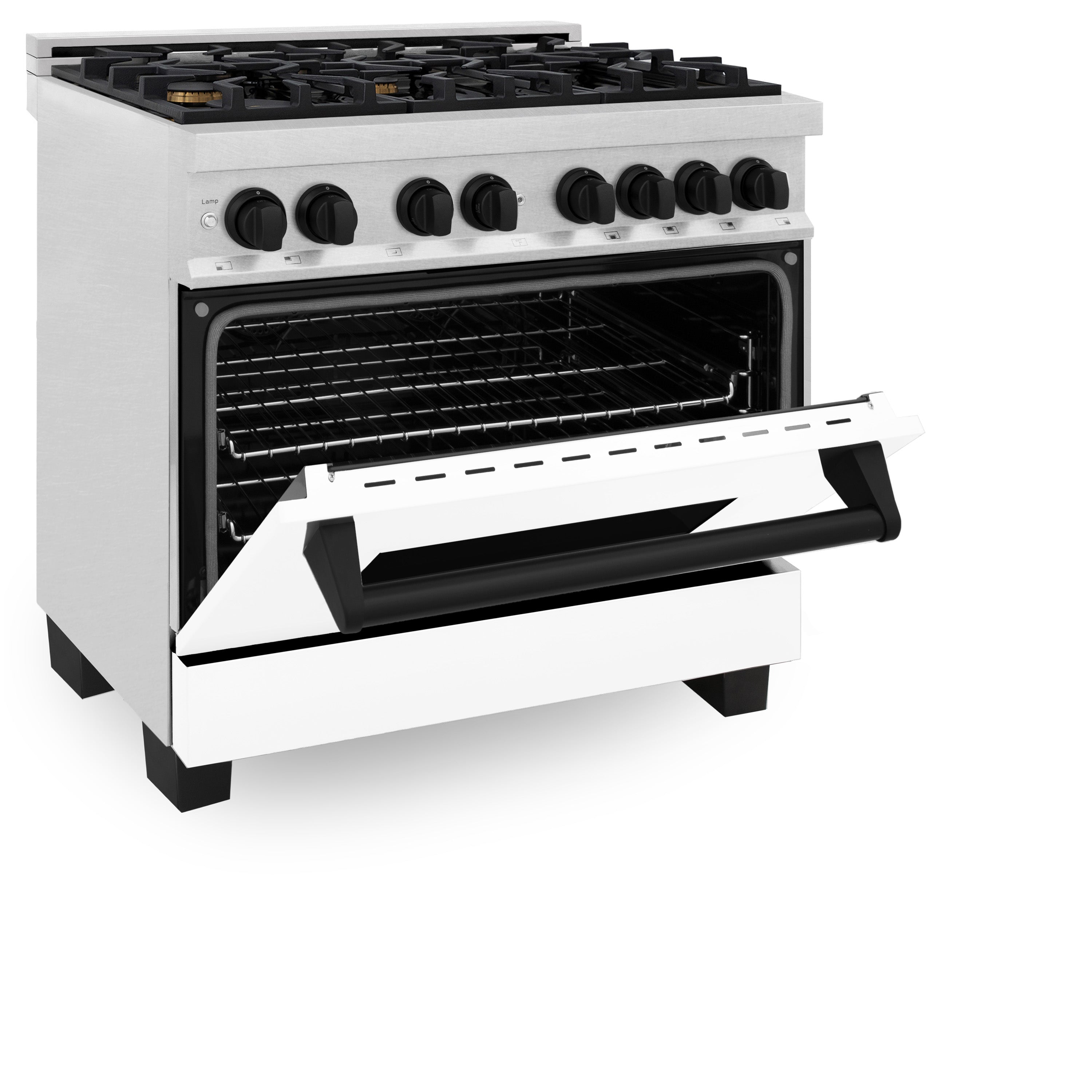 ZLINE Autograph Edition 36 in. 4.6 cu. ft. Dual Fuel Range with 6 Gas Burners and Electric Convection Oven, Satin Stainless Steel with White Matte Door and Matte Black Accents (Model RASZ-WM-36-MB)