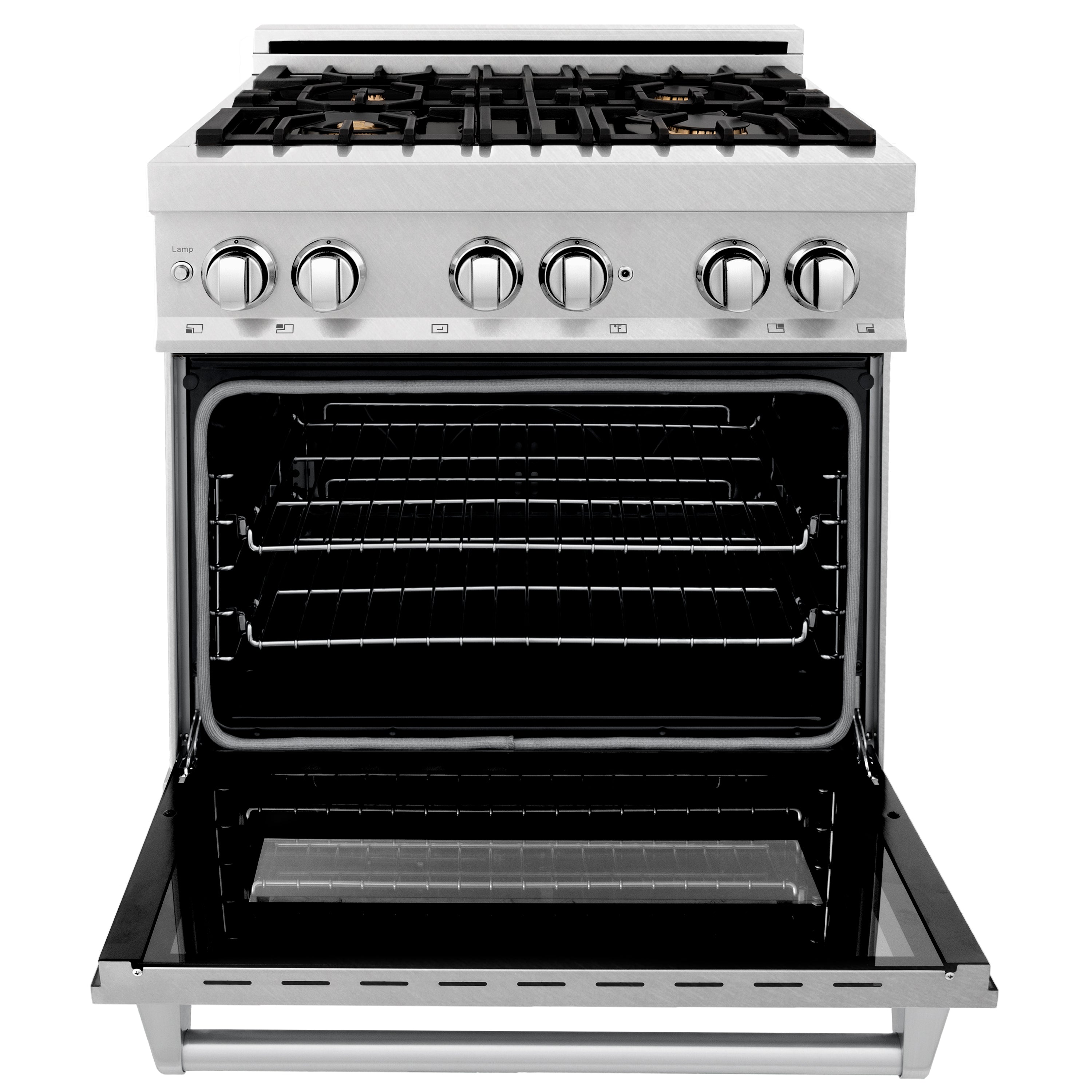 ZLINE 30 in. Legacy Dual Fuel Range, 4.0 cu. ft., Gas Cooktop with 4 Brass Burners and Griddle, Electric Convection Oven, Satin Stainless Steel, Model RAS-SN-BR-GR-30