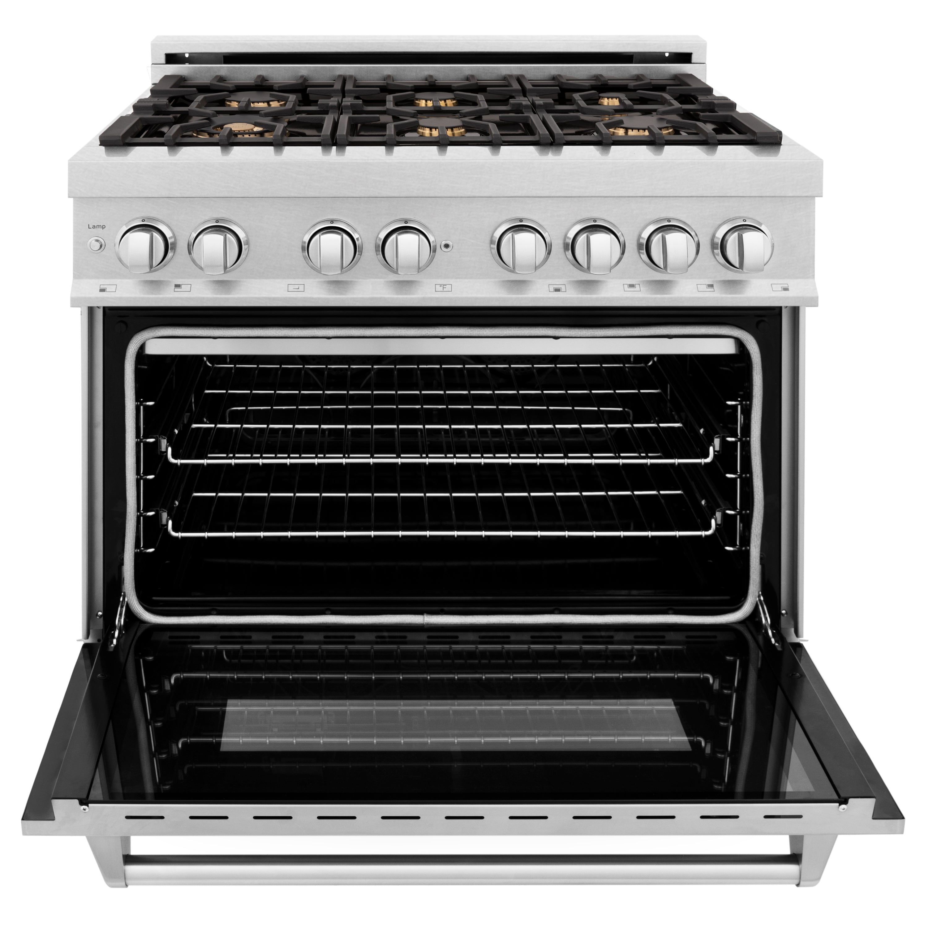 ZLINE 36 in. Legacy Dual Fuel Range with Gas Cooktop, Electric Convection Oven, 6 Brass Burners and Griddle in Satin Stainless Steel, 4.6 cu. ft. (RAS-SN-BR-GR-36)