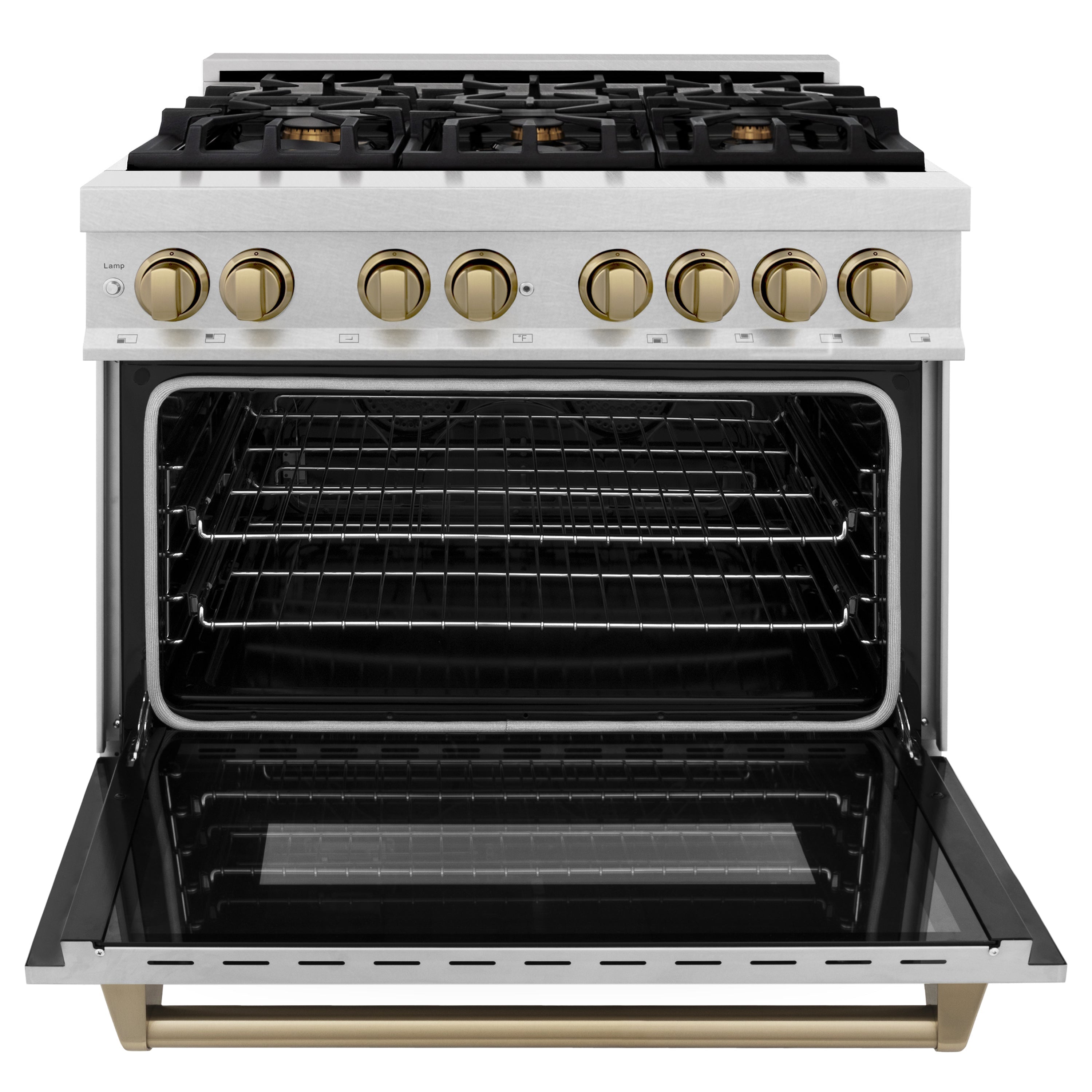 ZLINE Autograph Edition 36 in. 4.6 cu. ft. Legacy Dual Fuel Range with 6 Burner Gas Cooktop and Electric Convection Oven in Satin Stainless Steel with Champagne Bronze Accents (RASZ-SN-36-CB)