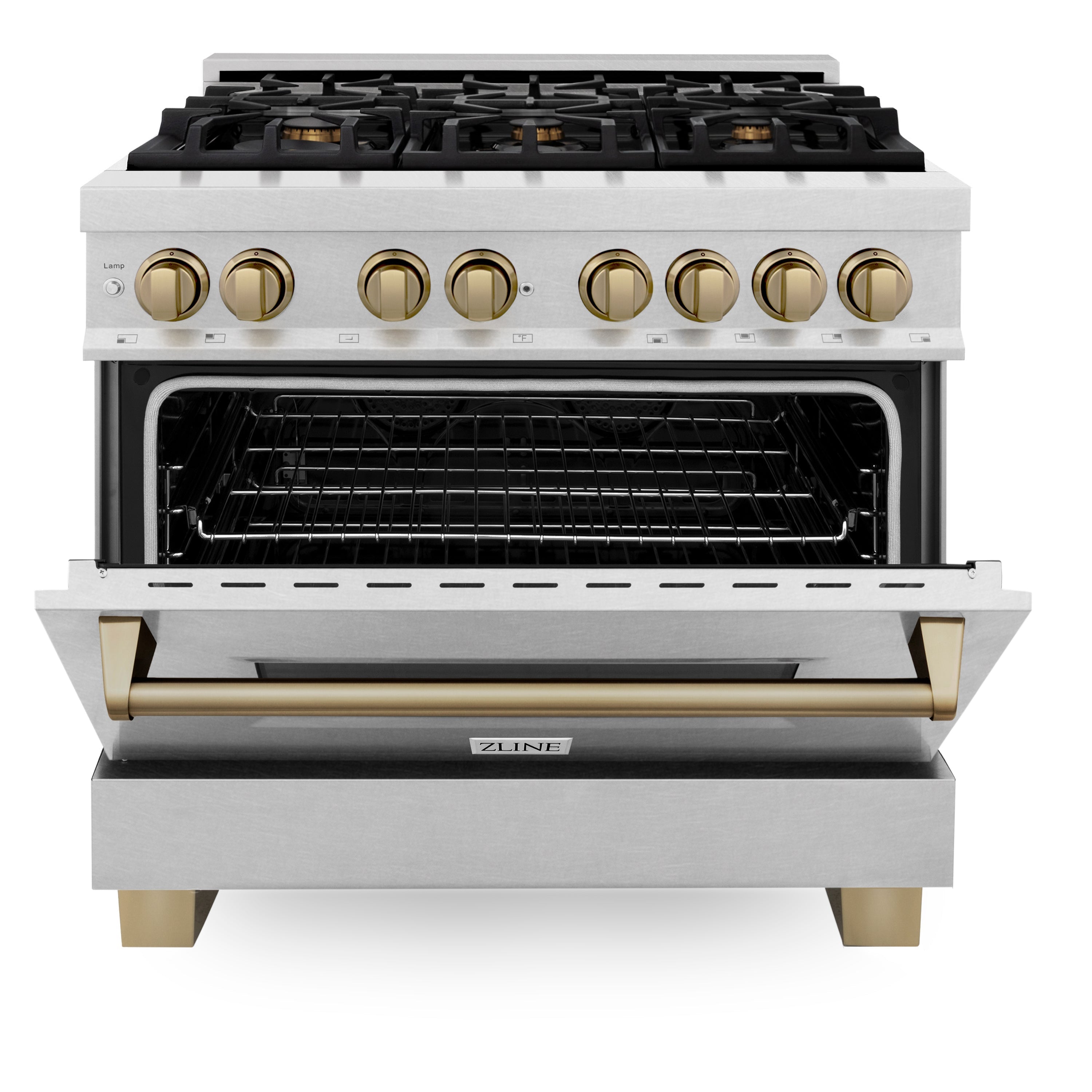 ZLINE Autograph Edition 36 in. 4.6 cu. ft. Legacy Dual Fuel Range with 6 Burner Gas Cooktop and Electric Convection Oven in Satin Stainless Steel with Champagne Bronze Accents (RASZ-SN-36-CB)