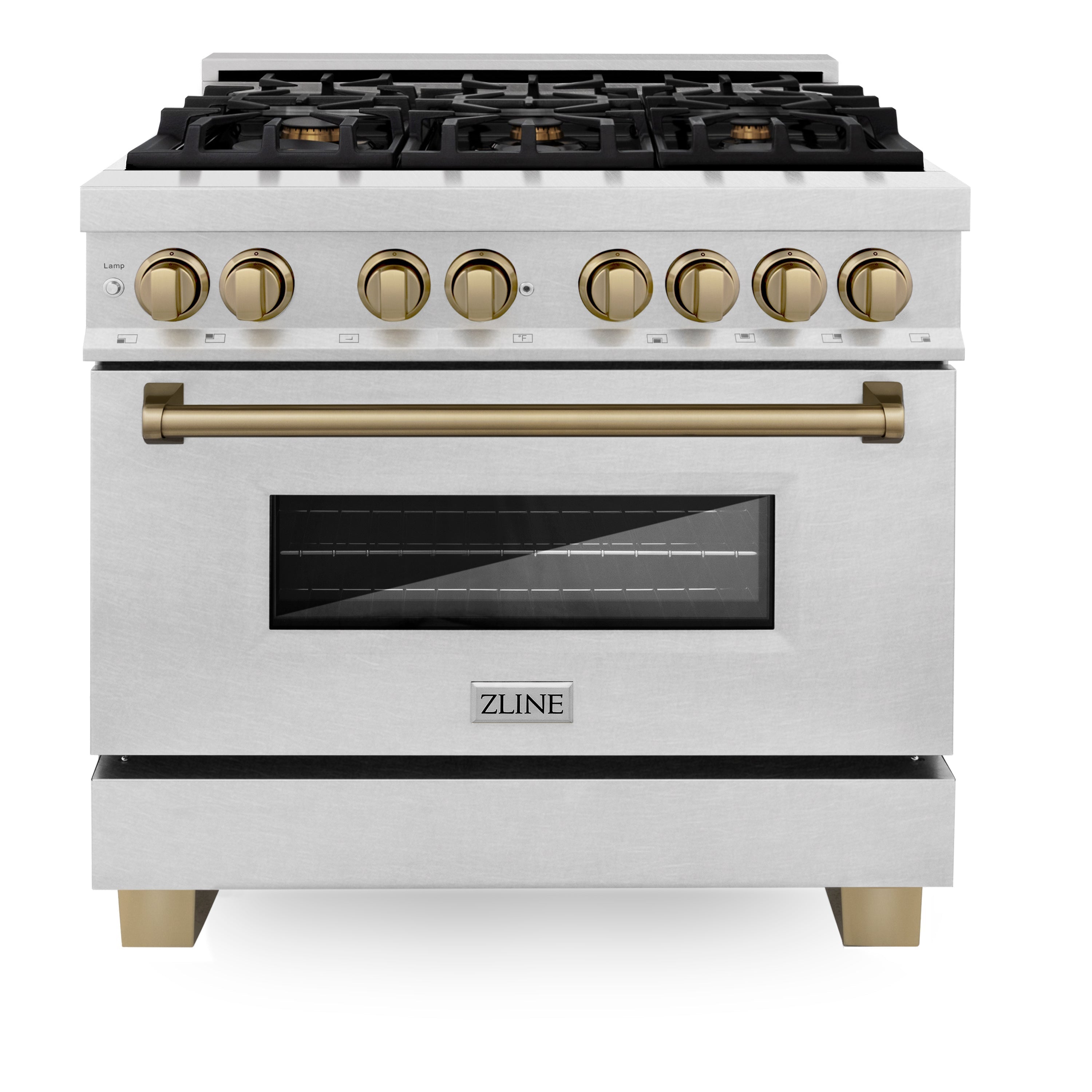 ZLINE Autograph Edition 36 in. 4.6 cu. ft. Legacy Dual Fuel Range with 6 Burner Gas Cooktop and Electric Convection Oven in Satin Stainless Steel with Champagne Bronze Accents (RASZ-SN-36-CB)