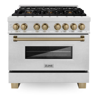 ZLINE Autograph Edition 36 in. 4.6 cu. ft. Legacy Dual Fuel Range with 6 Burner Gas Cooktop and Electric Convection Oven in Satin Stainless Steel with Champagne Bronze Accents (RASZ-SN-36-CB)