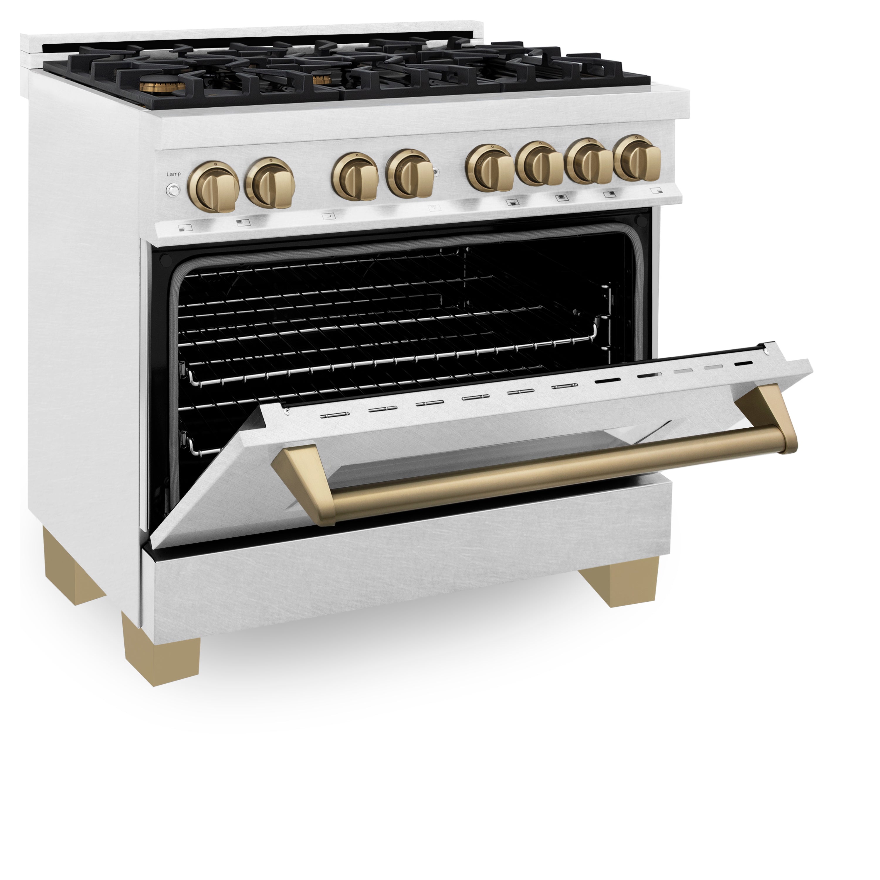 ZLINE Autograph Edition 36 in. 4.6 cu. ft. Legacy Dual Fuel Range with 6 Burner Gas Cooktop and Electric Convection Oven in Satin Stainless Steel with Champagne Bronze Accents (RASZ-SN-36-CB)