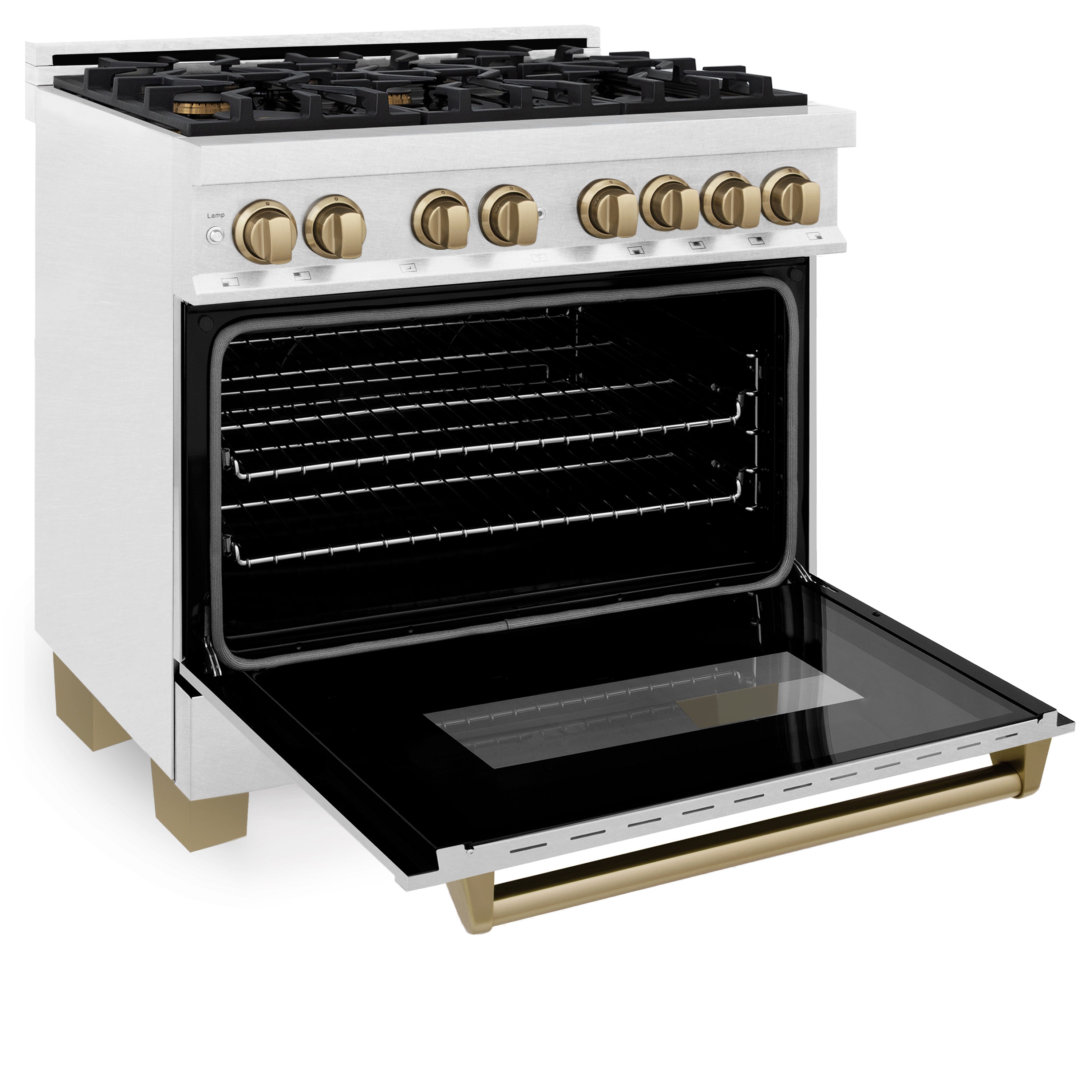 ZLINE Autograph Edition 36 in. 4.6 cu. ft. Legacy Dual Fuel Range with 6 Burner Gas Cooktop and Electric Convection Oven in Satin Stainless Steel with Champagne Bronze Accents (RASZ-SN-36-CB)