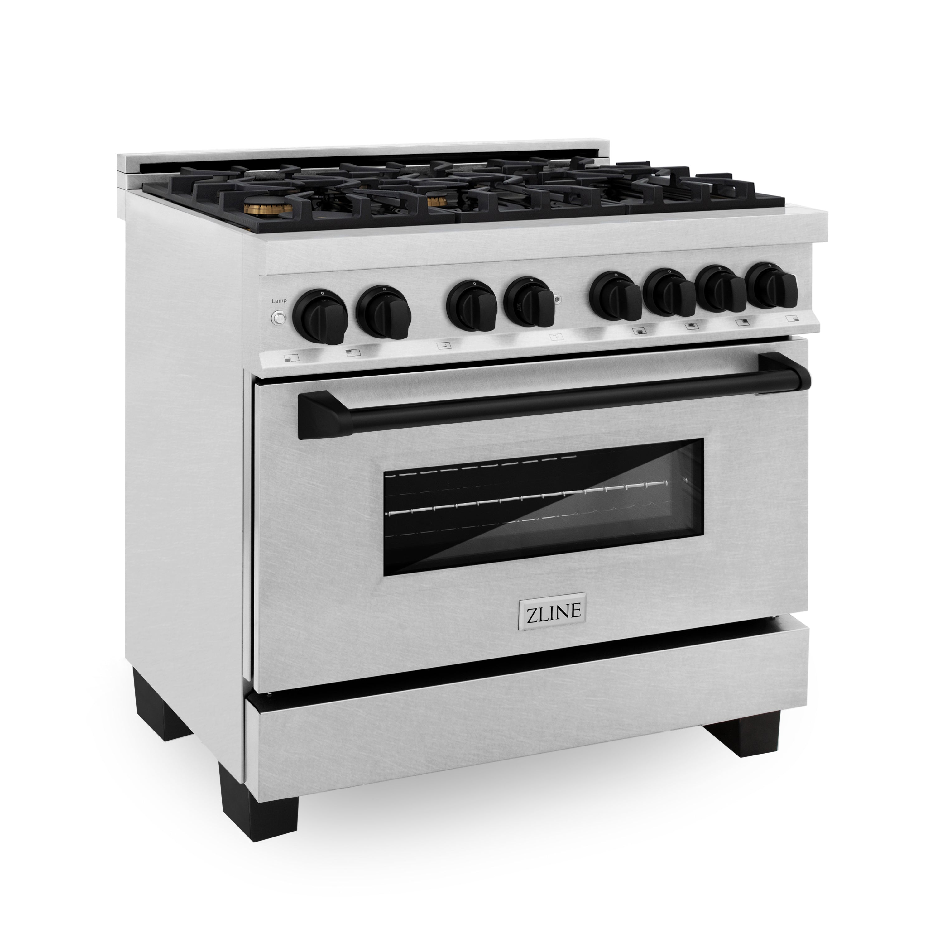 ZLINE Autograph 36 in. 4.6 cu. ft. Legacy Dual Fuel Range with 6 Gas Burners and Electric Convection Oven in Satin Stainless Steel with Matte Black Accents (RASZ-SN-36-MB)