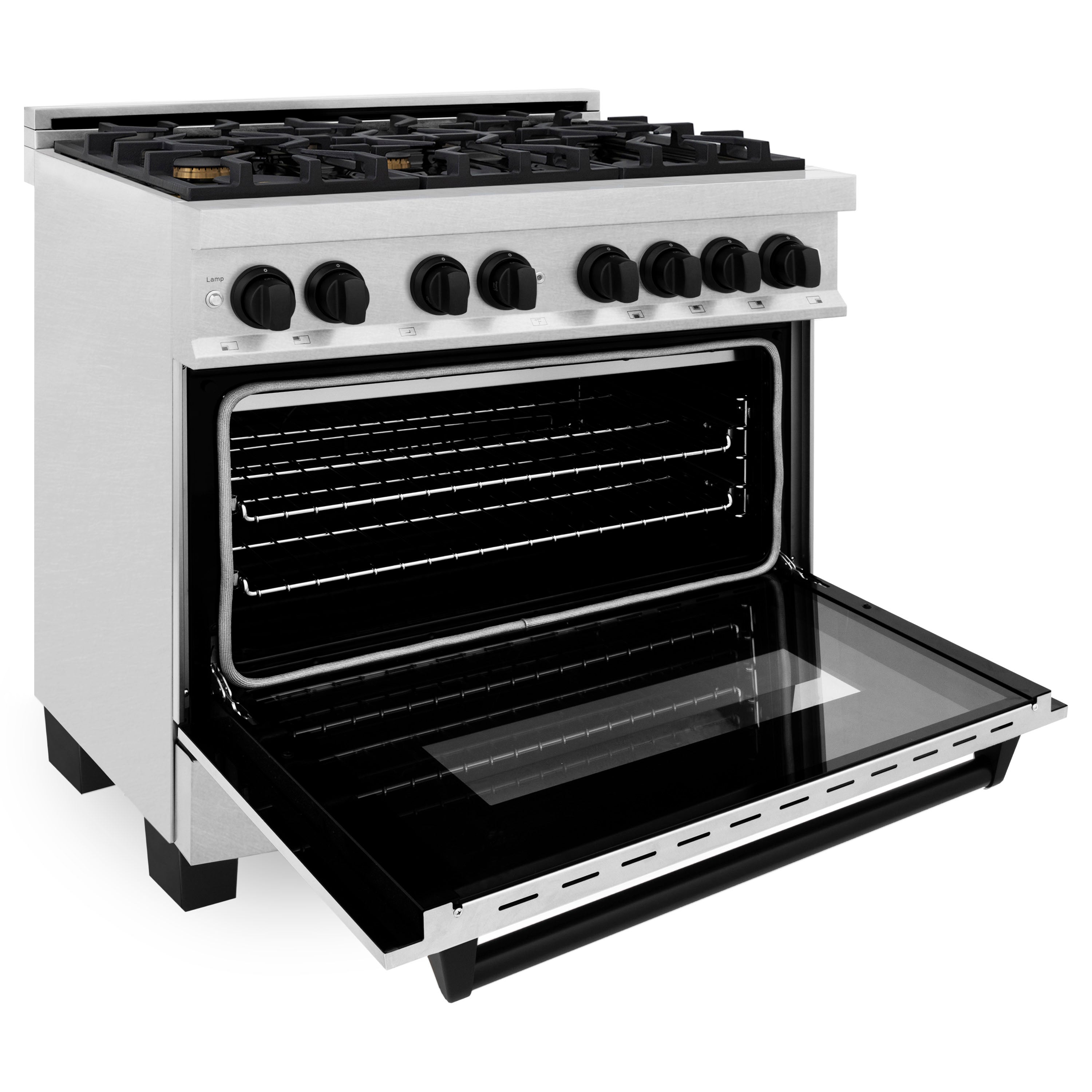 ZLINE Autograph 36 in. 4.6 cu. ft. Legacy Dual Fuel Range with 6 Gas Burners and Electric Convection Oven in Satin Stainless Steel with Matte Black Accents (RASZ-SN-36-MB)